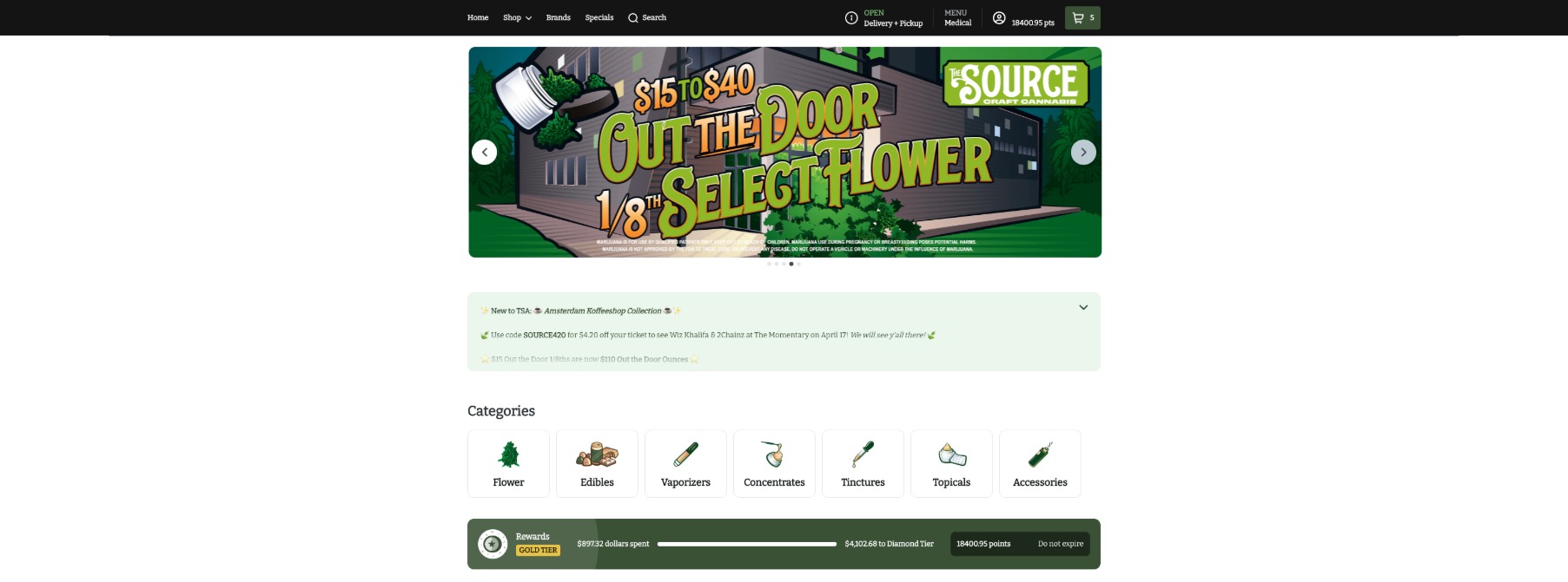 The Source Craft Cannabis dispensary in Rogers, Arkansas online menu homepage on Dutchie Plus showing a "$15 to $40 Out the Door 1/8th Select Flower" promotional banner, product categories including flower, edibles, vaporizers, concentrates, tinctures, topicals, and accessories, and a Gold Tier loyalty rewards tracker showing 18,400 points.