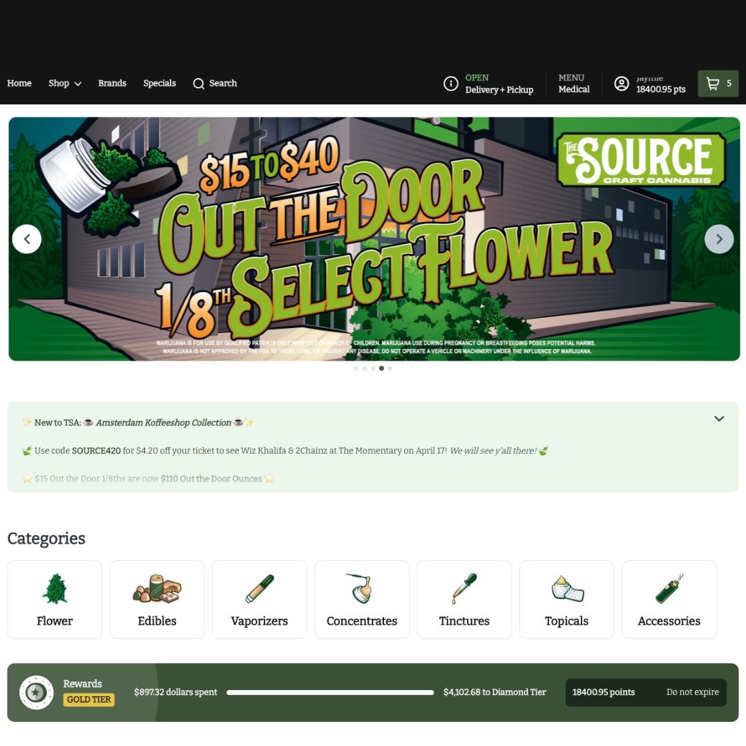 The Source Craft Cannabis dispensary in Rogers, Arkansas online menu homepage on Dutchie Plus showing a "$15 to $40 Out the Door 1/8th Select Flower" promotional banner, product categories including flower, edibles, vaporizers, concentrates, tinctures, topicals, and accessories, and a Gold Tier loyalty rewards tracker showing 18,400 points.