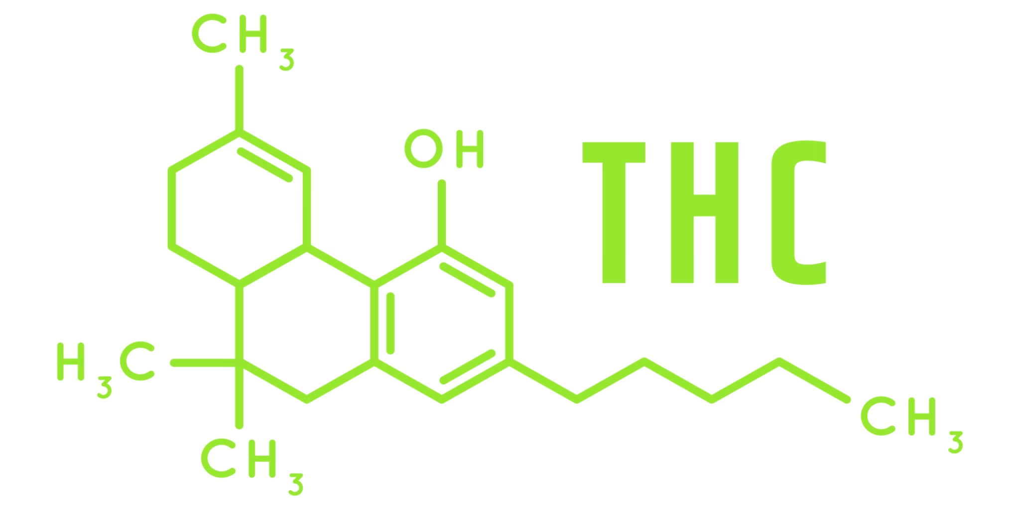 THC (tetrahydrocannabinol) molecular structure illustration in green — the primary intoxicating cannabinoid responsible for euphoria and pain relief.