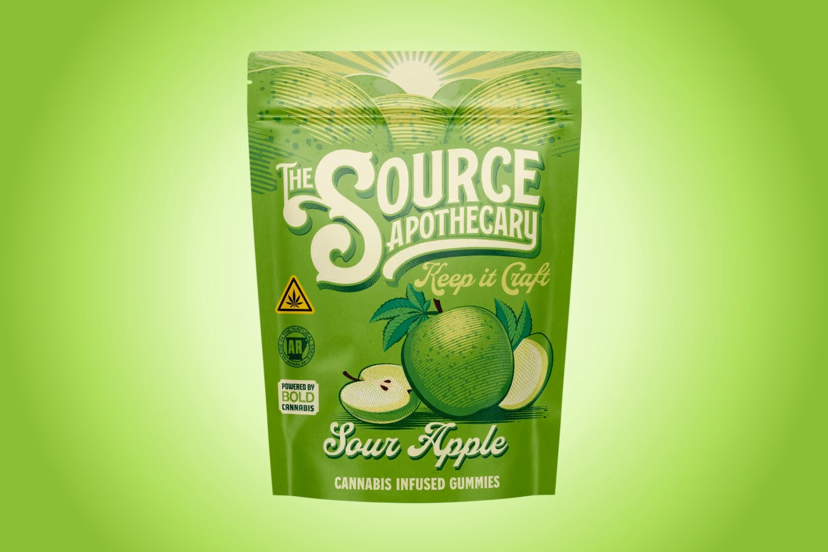 The Source Apothecary Sour Apple sativa cannabis gummies with a CBC boost for daytime energy, mood support, and entourage benefits, made in Rogers, Arkansas.