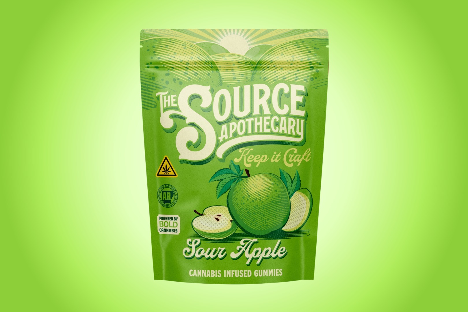 The Source Apothecary Sour Apple sativa cannabis gummies with a CBC boost for daytime energy, mood support, and entourage benefits, made in Rogers, Arkansas.