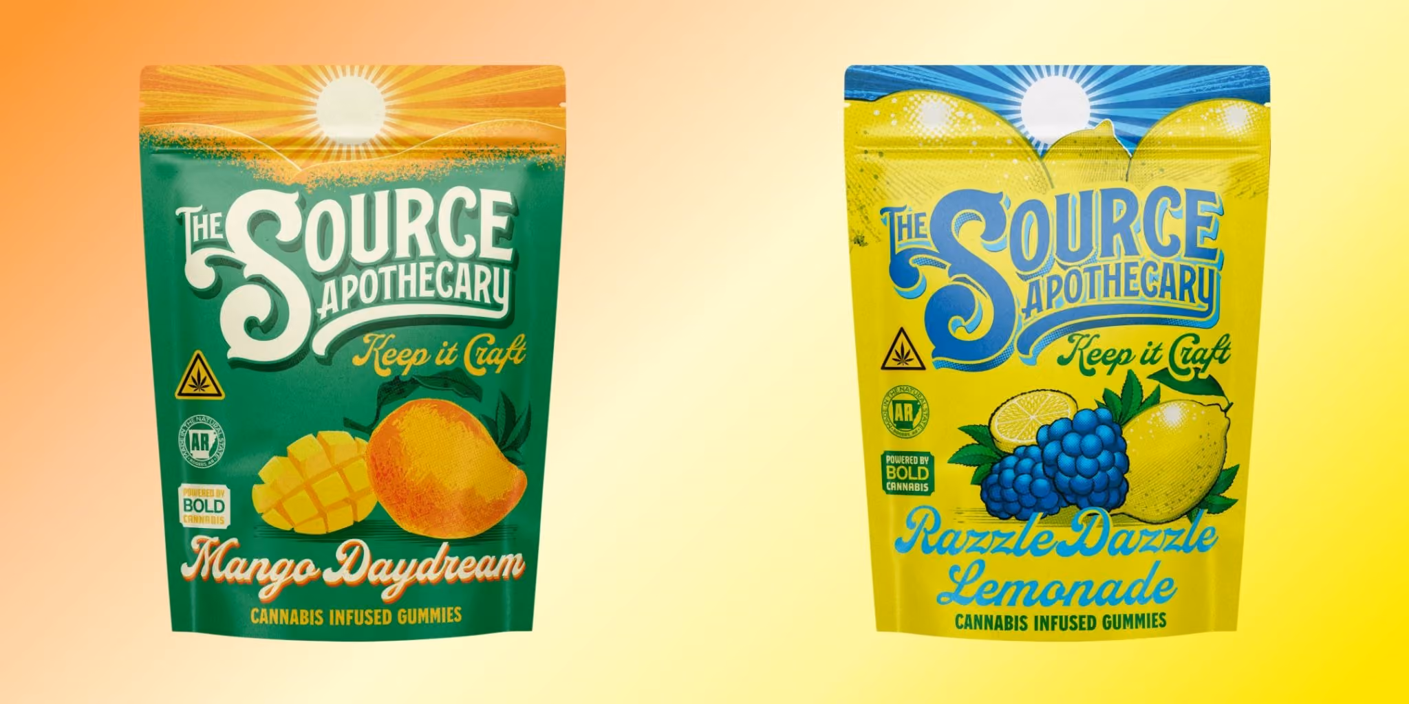 The Source Apothecary Mango Daydream and Razzle Dazzle Lemonade THC-pure sativa cannabis-infused gummies for daytime energy, made in Rogers, Arkansas.