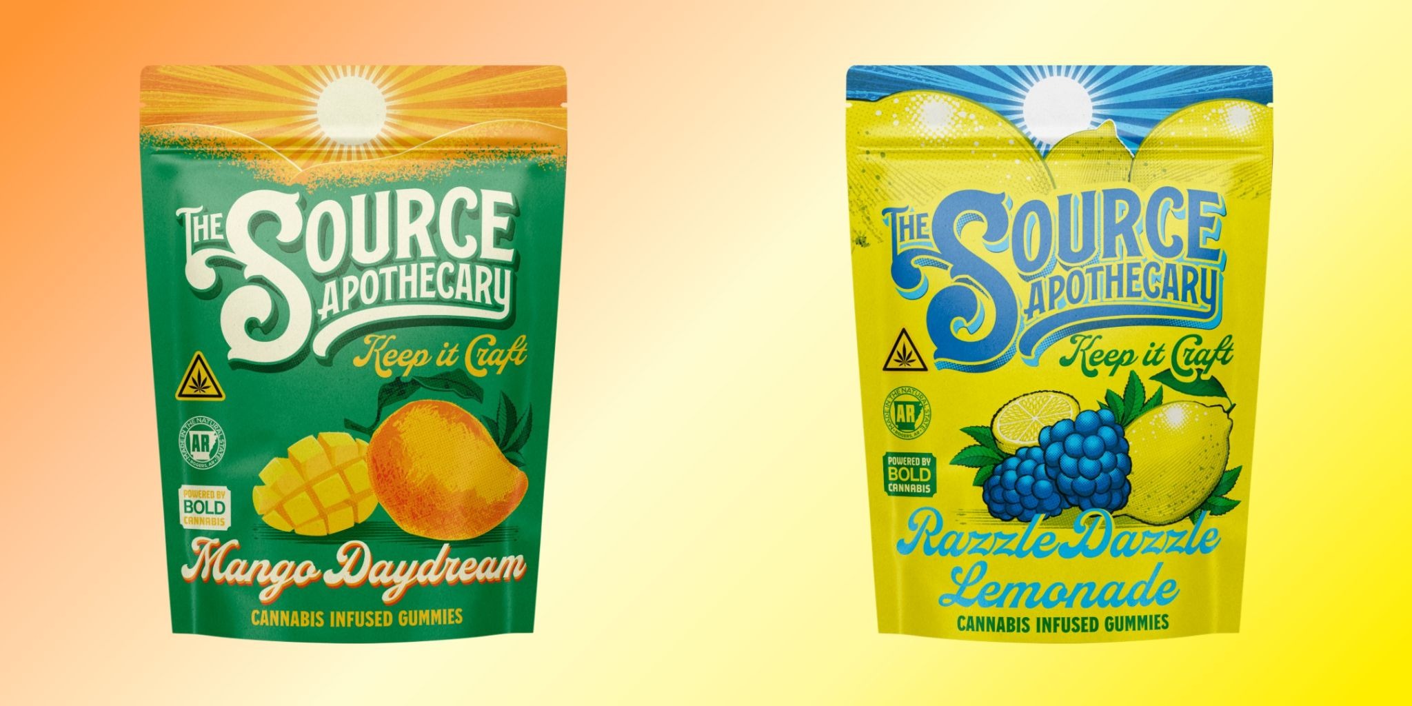 The Source Apothecary Mango Daydream and Razzle Dazzle Lemonade THC-pure sativa cannabis-infused gummies for daytime energy, made in Rogers, Arkansas.
