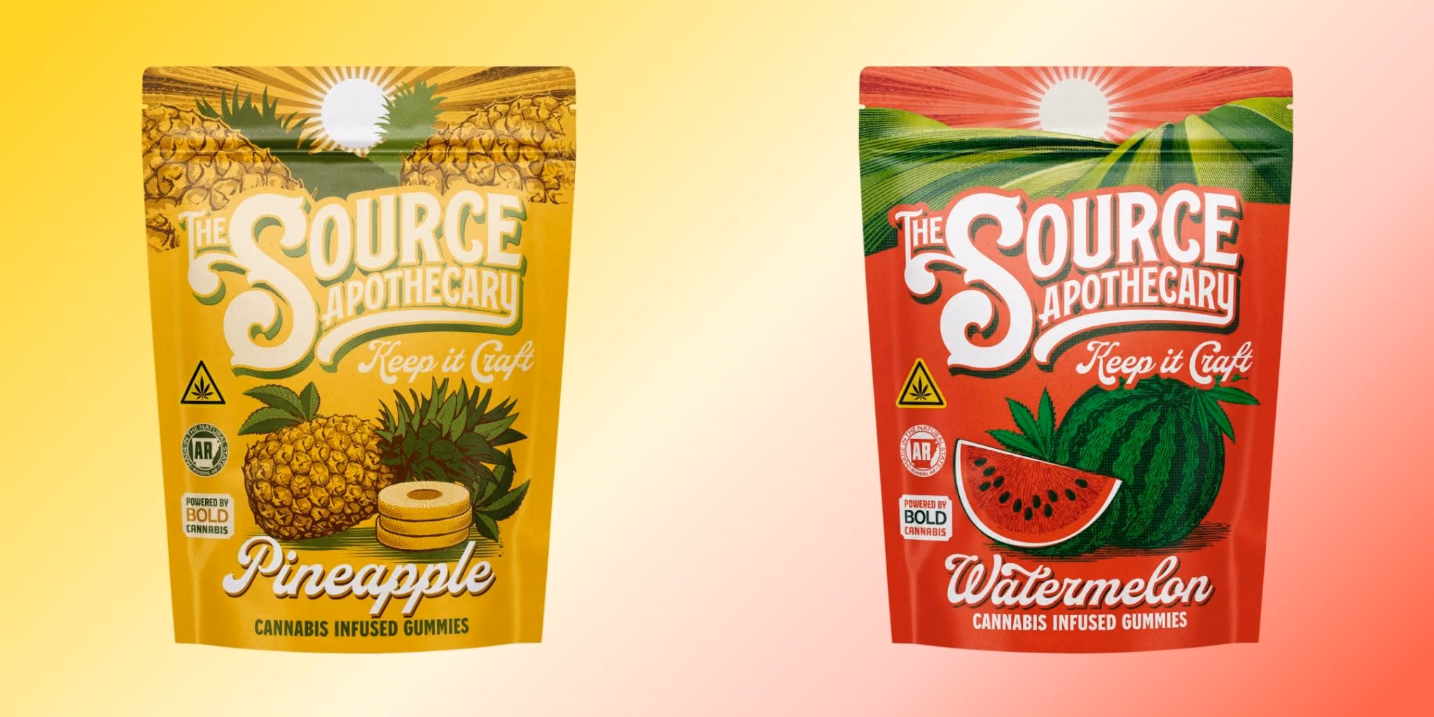 The Source Apothecary Watermelon and Pineapple THC-pure indica cannabis-infused gummies for evening relaxation and unwind, available in Northwest Arkansas.
