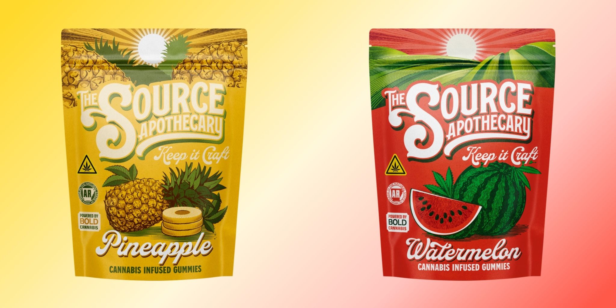 The Source Apothecary Watermelon and Pineapple THC-pure indica cannabis-infused gummies for evening relaxation and unwind, available in Northwest Arkansas.