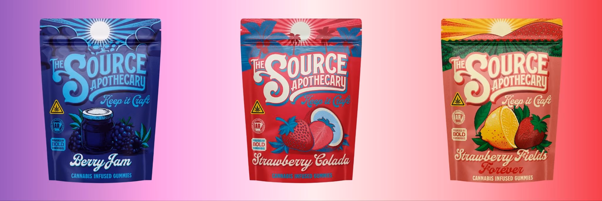 The Source Apothecary Berry Jam, Strawberry Colada, and Strawberry Fields Forever THC-pure hybrid cannabis gummies – balanced any-time-of-day options.