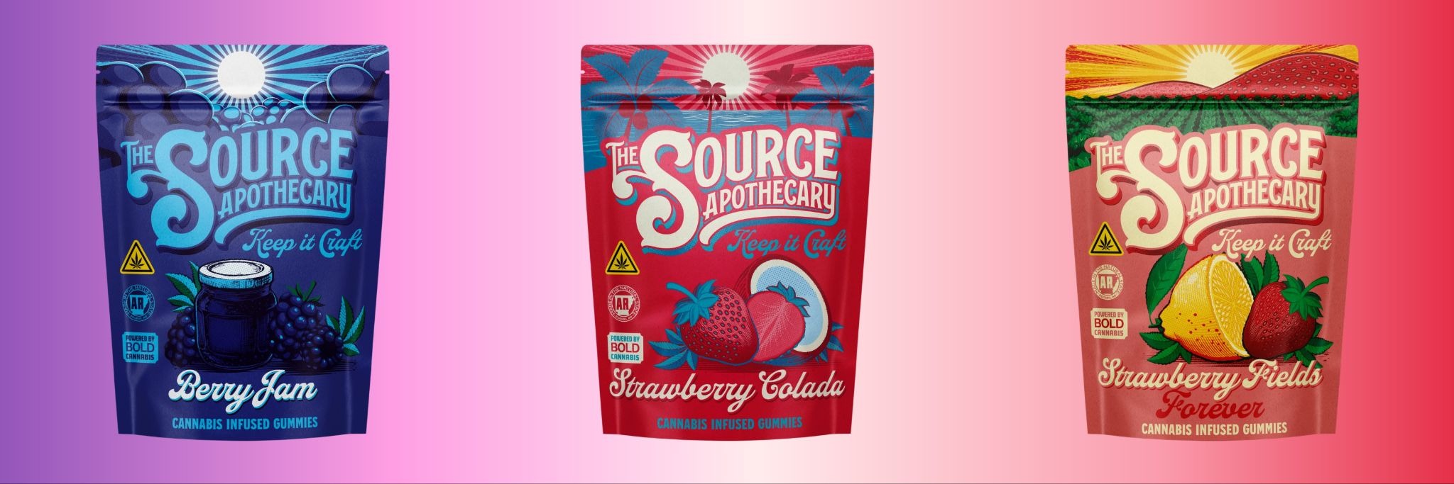 The Source Apothecary Berry Jam, Strawberry Colada, and Strawberry Fields Forever THC-pure hybrid cannabis gummies – balanced any-time-of-day options.