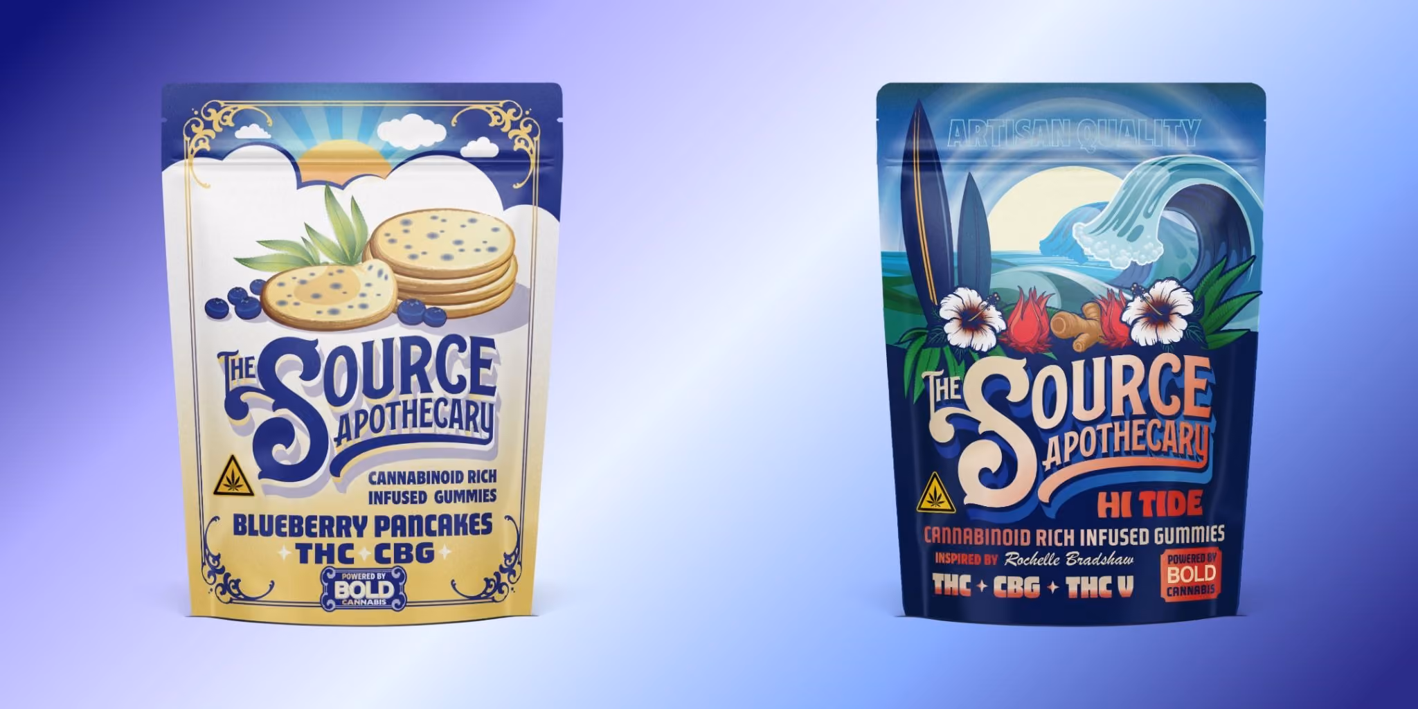 The Source Apothecary Blueberry Pancakes (THC + CBG) and Hi Tide (THC + CBG + THCV) cannabinoid-rich gummies for clear-headed morning focus.