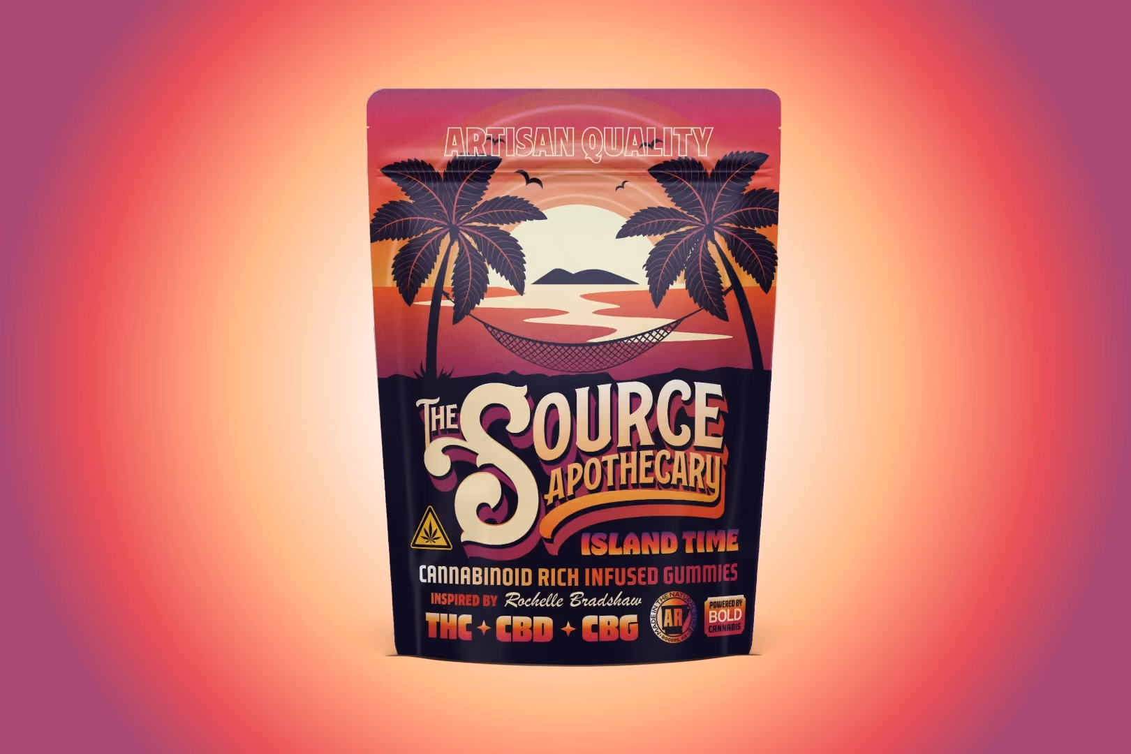 The Source Apothecary Island Time cannabinoid-rich gummies with THC, CBD, and CBG – a balanced everyday wellness option inspired by Rochelle Bradshaw.