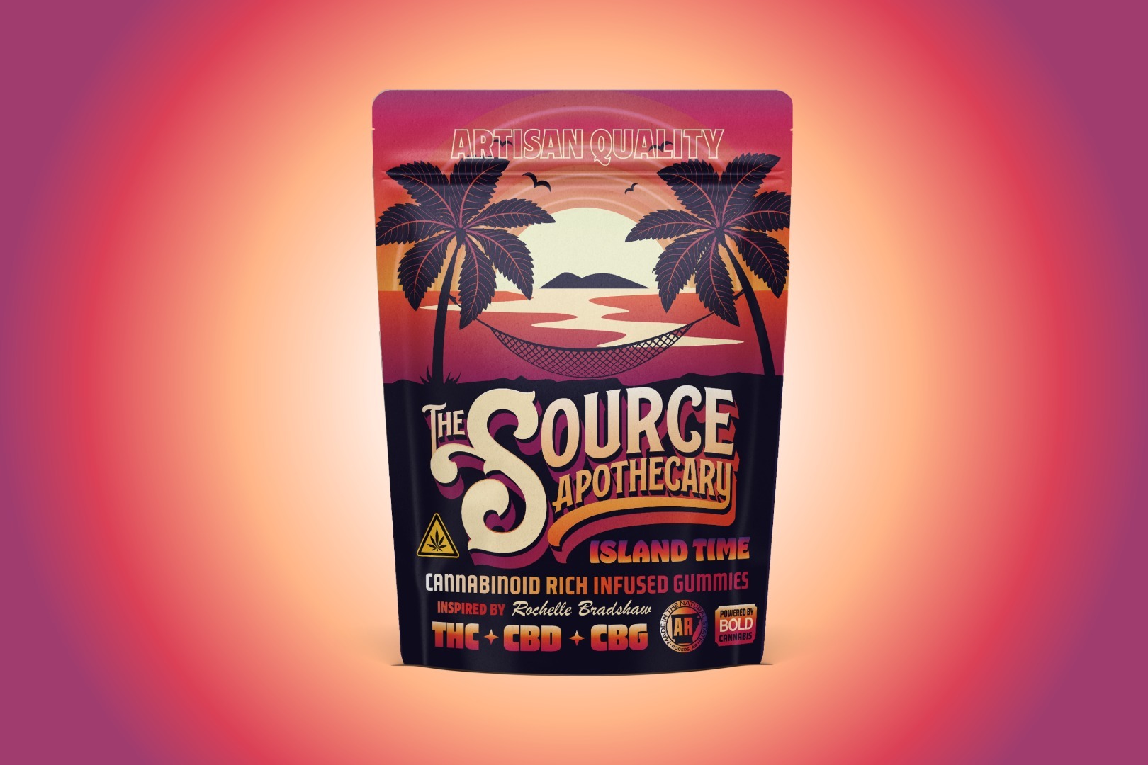 The Source Apothecary Island Time cannabinoid-rich gummies with THC, CBD, and CBG – a balanced everyday wellness option inspired by Rochelle Bradshaw.