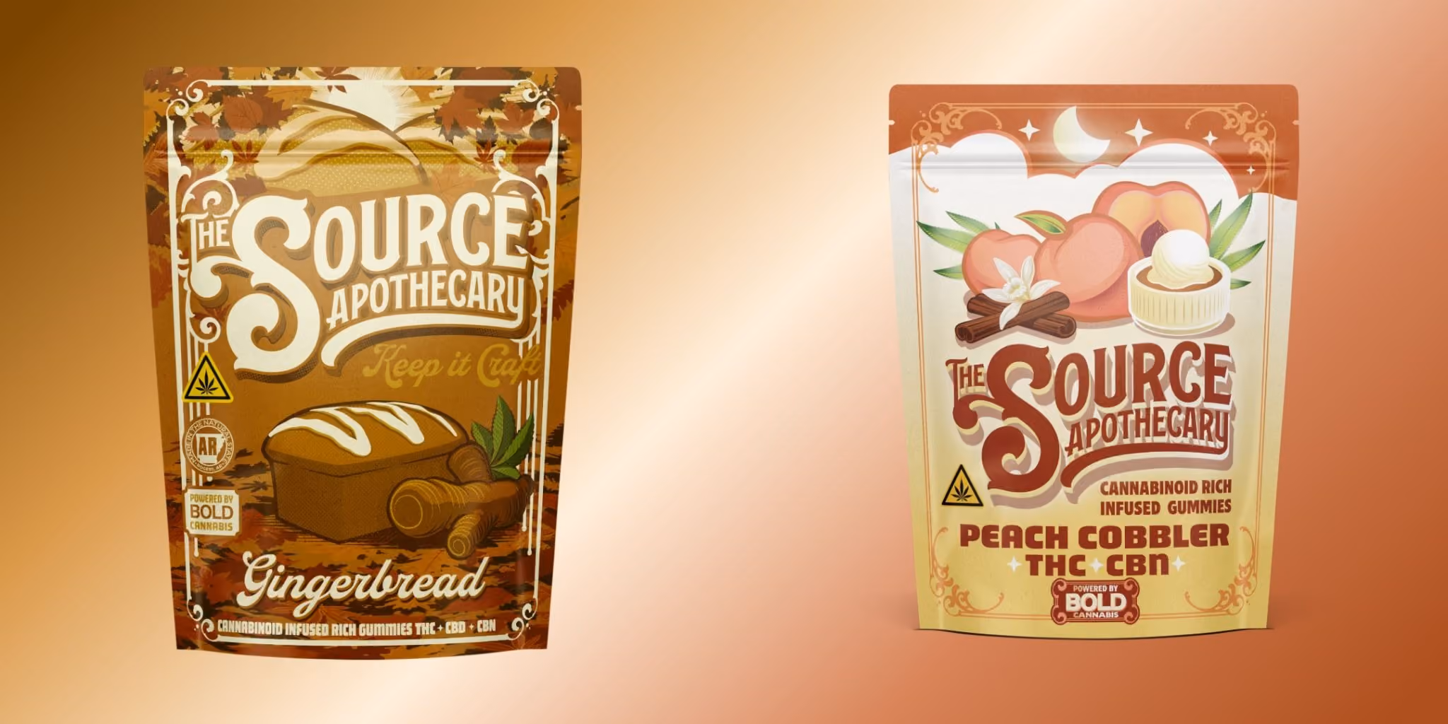 The Source Apothecary Gingerbread (THC + CBD + CBN [seasonal]) and Peach Cobbler (THC + CBN) cannabinoid rich nighttime gummies for relaxation and sleep support, available in Northwest Arkansas.