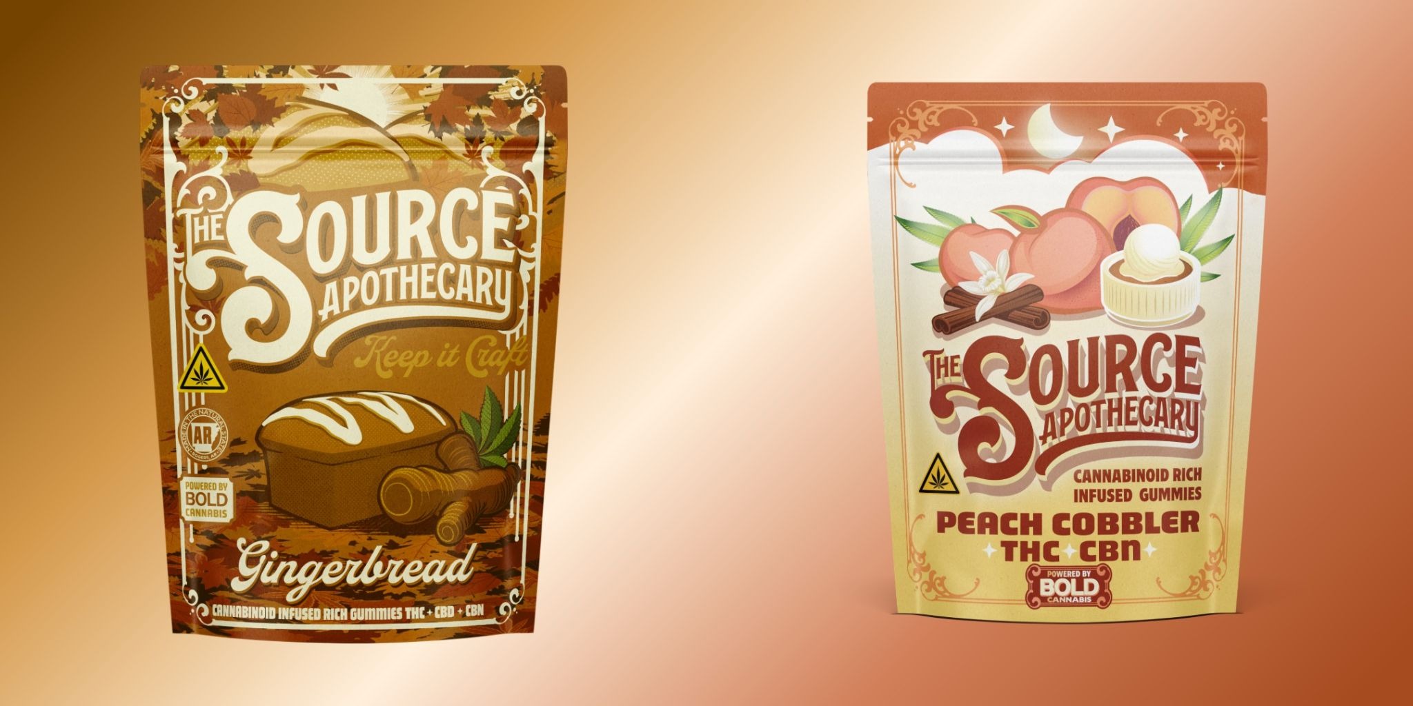 The Source Apothecary Gingerbread (THC + CBD + CBN [seasonal]) and Peach Cobbler (THC + CBN) cannabinoid rich nighttime gummies for relaxation and sleep support, available in Northwest Arkansas.