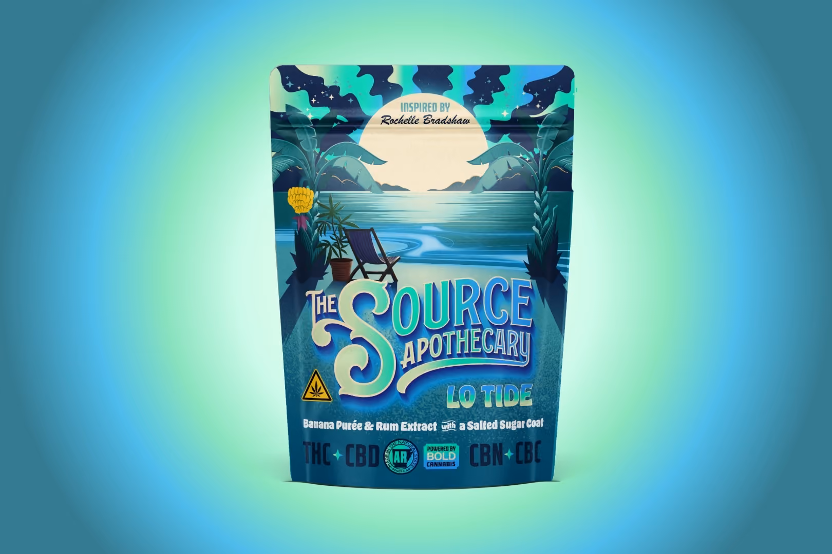 The Source Apothecary Lo Tide cannabinoid rich sleep gummies with THC, CBD, CBN, and CBC – featuring banana purée and rum extract with a salted sugar coat, inspired by Rochelle Bradshaw.