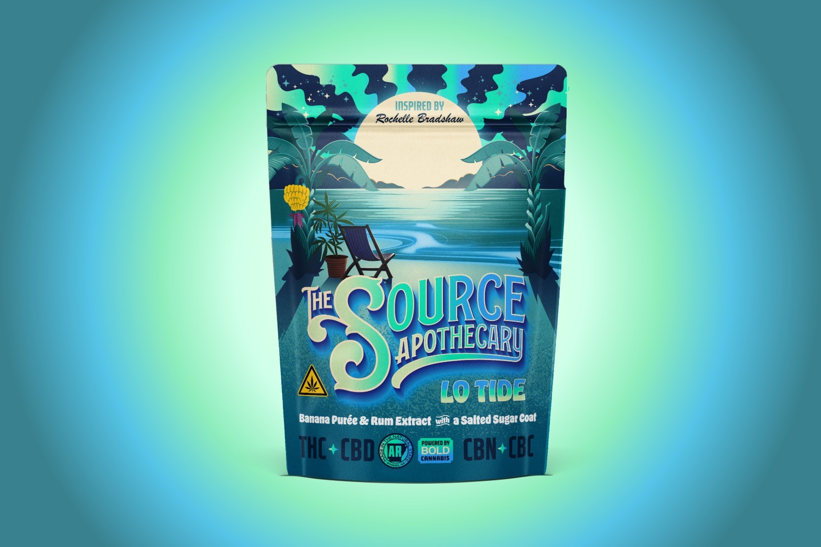 The Source Apothecary Lo Tide cannabinoid rich sleep gummies with THC, CBD, CBN, and CBC – featuring banana purée and rum extract with a salted sugar coat, inspired by Rochelle Bradshaw.