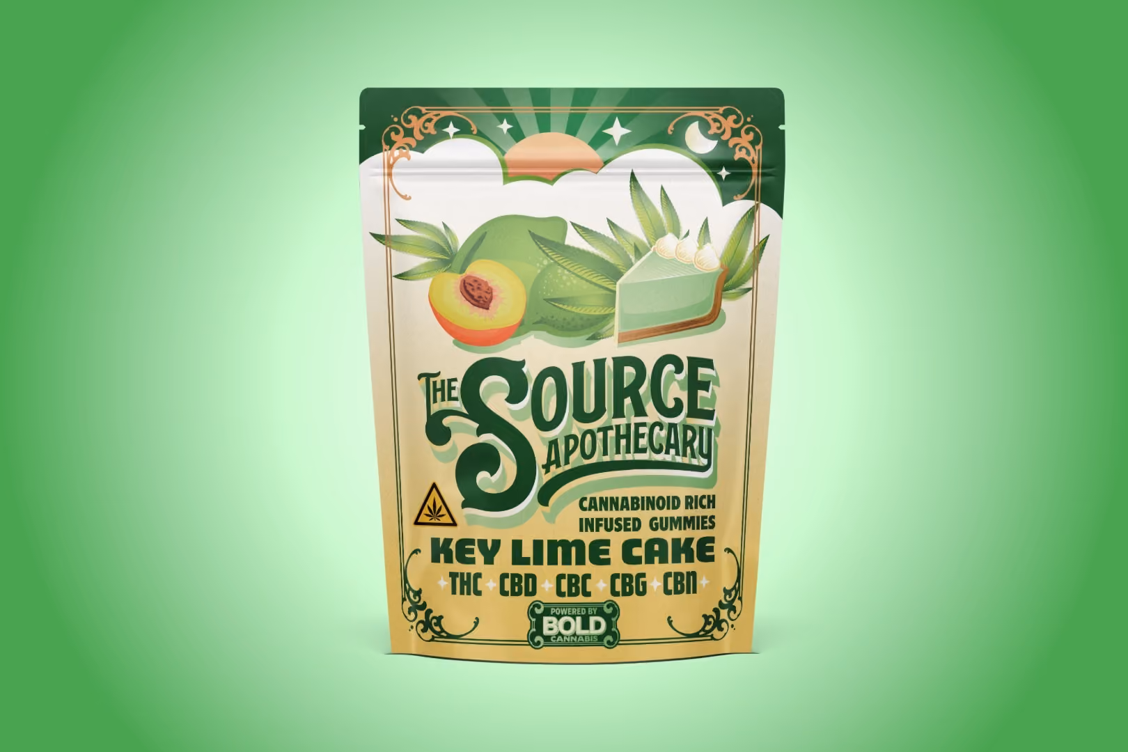 The Source Apothecary Key Lime Cake five-cannabinoid gummies with THC, CBD, CBC, CBG, and CBN for full-spectrum entourage effect support, made in Rogers, Arkansas.