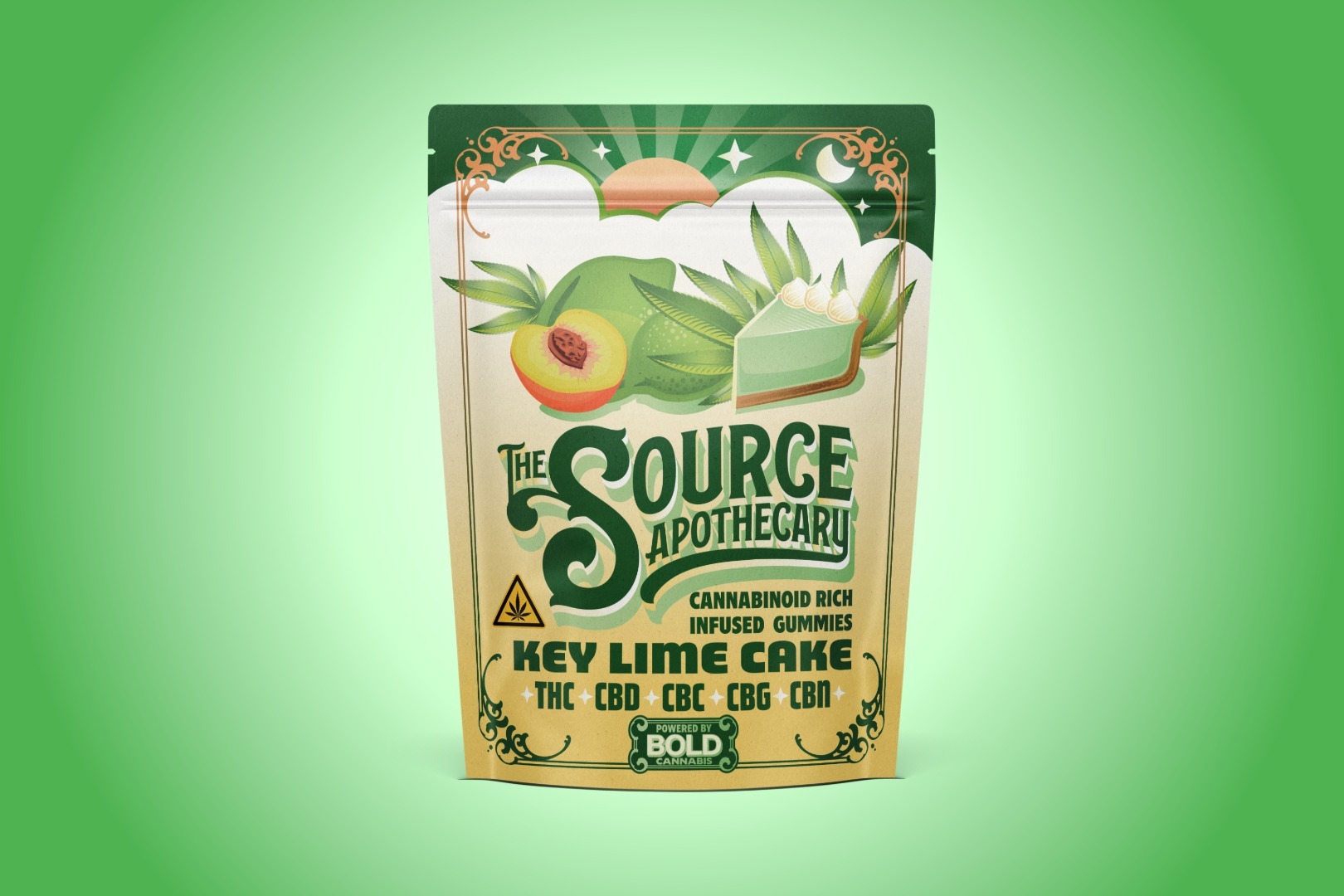 The Source Apothecary Key Lime Cake five-cannabinoid gummies with THC, CBD, CBC, CBG, and CBN for full-spectrum entourage effect support, made in Rogers, Arkansas.