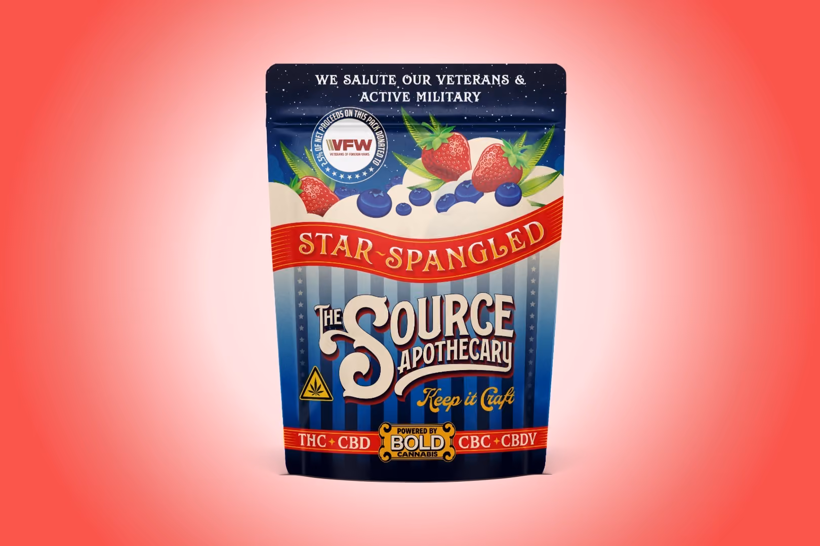 The Source Apothecary Star Spangled cannabinoid rich gummies with THC, CBD, CBC, and CBDV – wellness-forward profile honoring veterans and active military with VFW donation in Rogers, Arkansas.