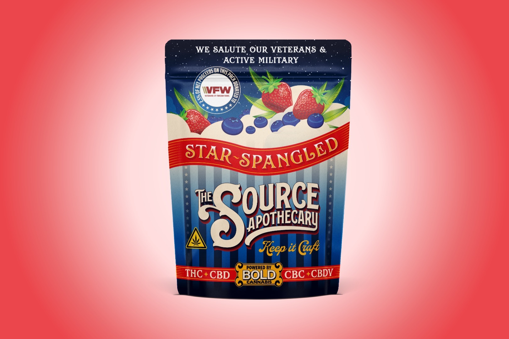 The Source Apothecary Star Spangled cannabinoid rich gummies with THC, CBD, CBC, and CBDV – wellness-forward profile honoring veterans and active military with VFW donation in Rogers, Arkansas.