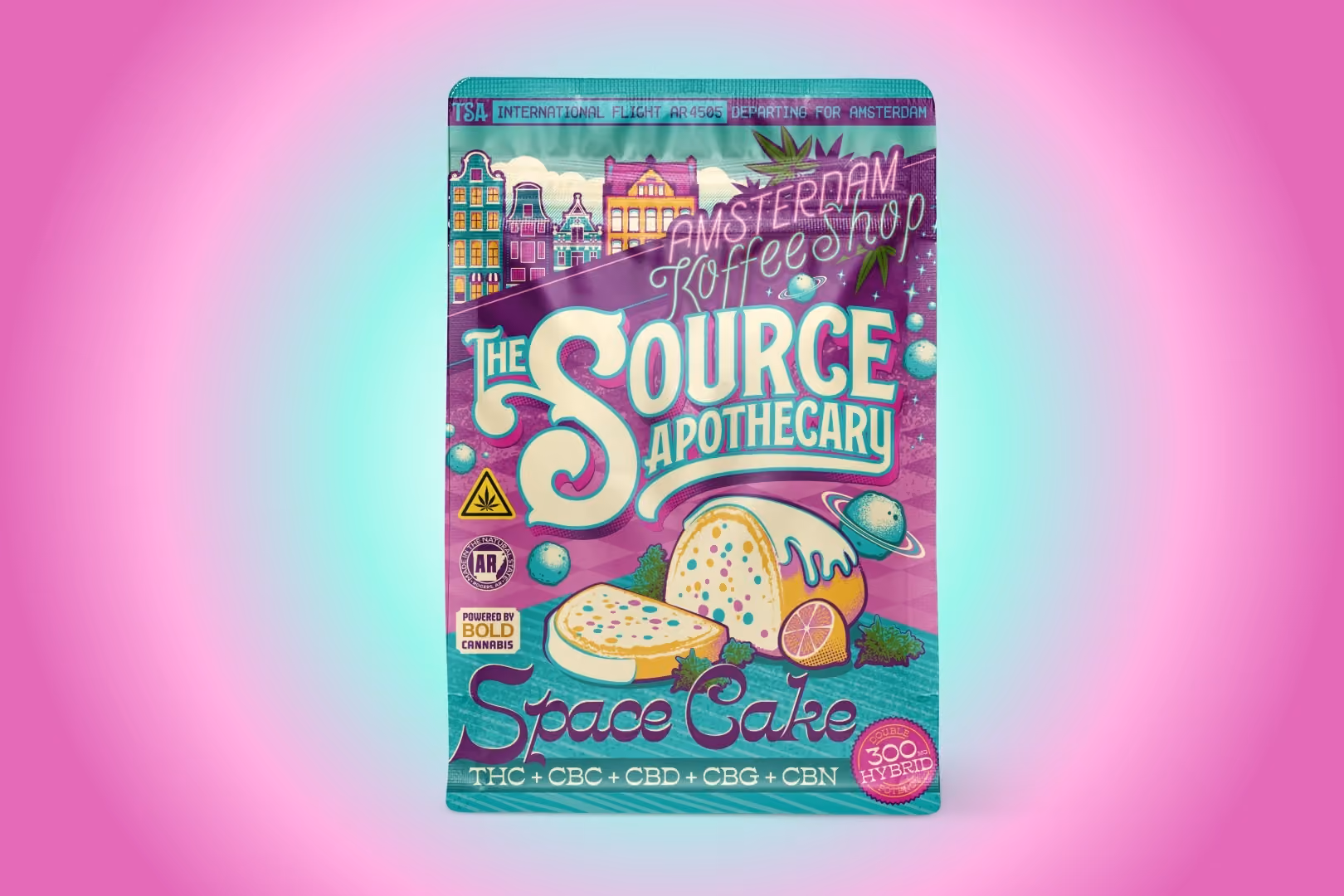 The Source Apothecary Space Cake double-strength 300mg hybrid cannabinoid rich gummies with THC, CBC, CBD, CBG, and CBN – full entourage effect from the Amsterdam Koffeeshop Collection.