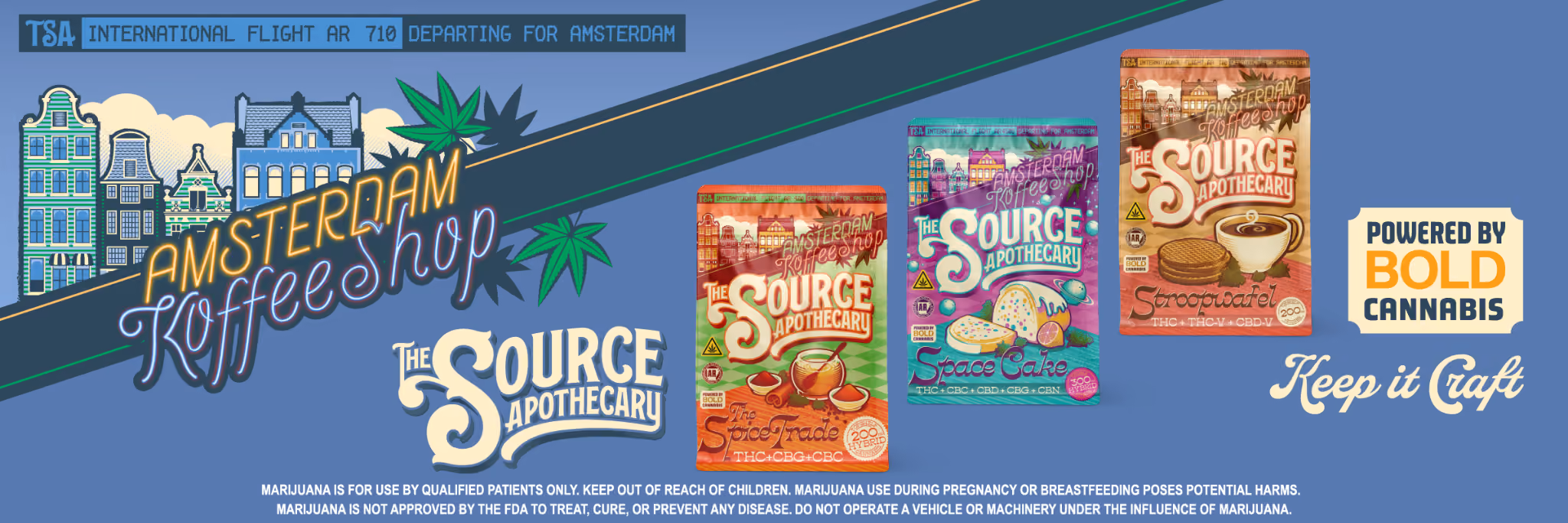 The Source Apothecary Amsterdam Koffeeshop Collection desktop banner featuring The Spice Trade, Space Cake, and Stroopwafel craft cannabis gummies powered by BOLD Cannabis.