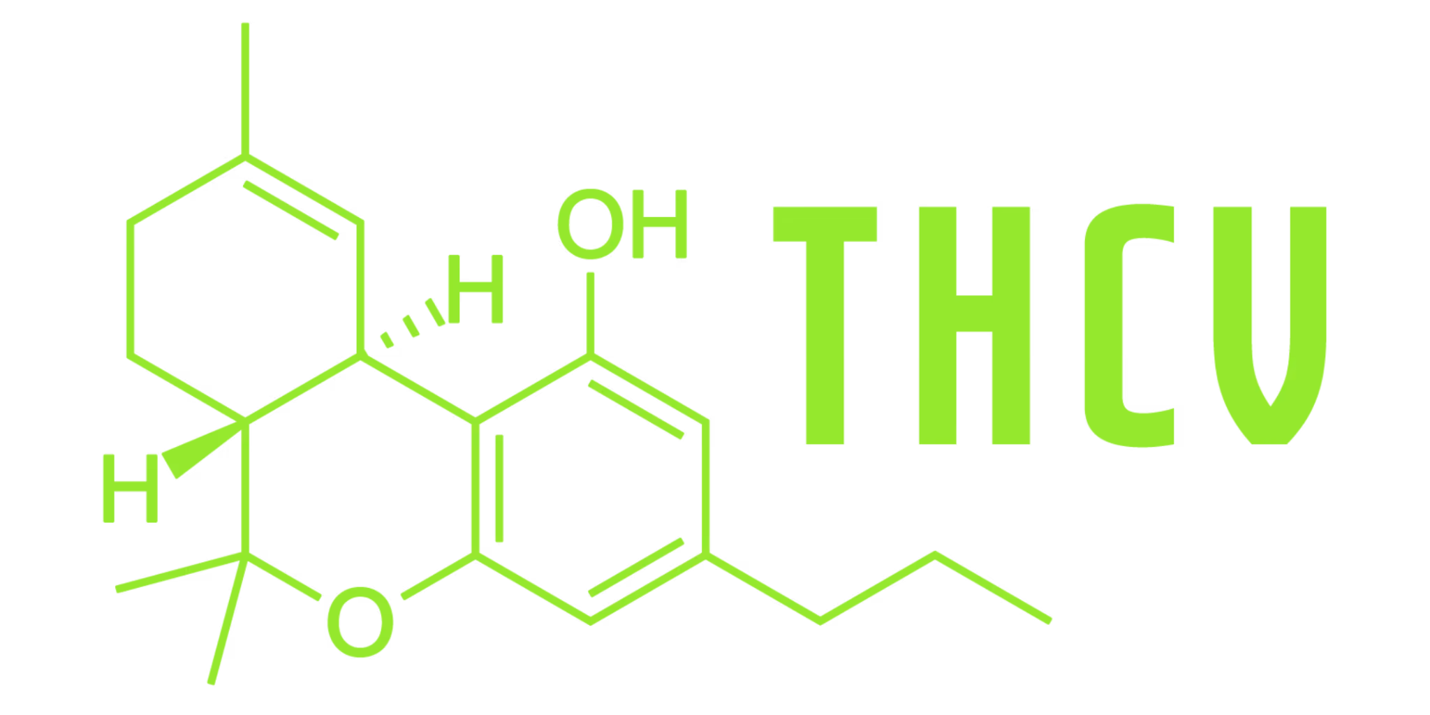 THCV (tetrahydrocannabivarin) molecular structure illustration in green — a clear-headed, energizing cannabinoid often called THC's focused cousin.