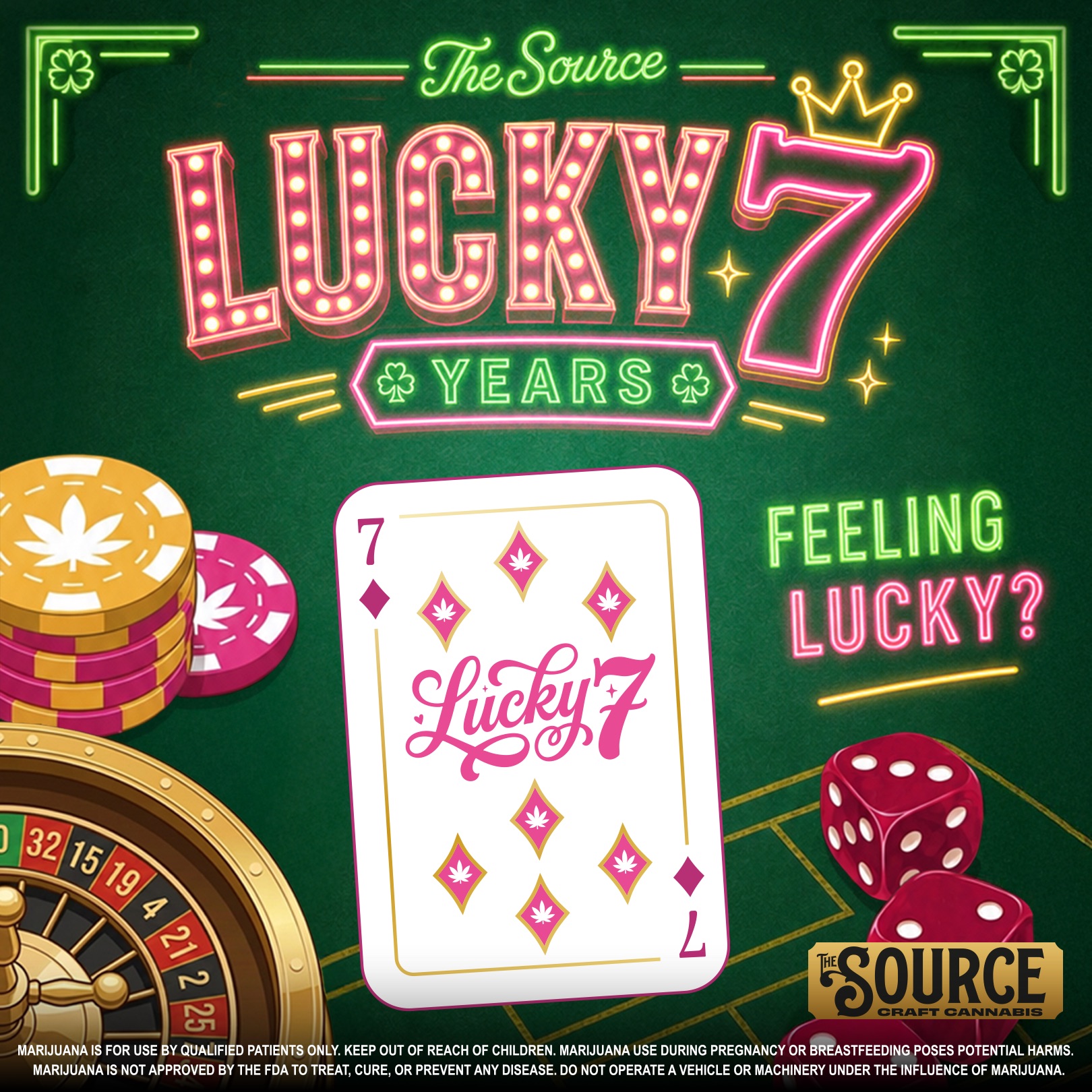The Source Craft Cannabis “Lucky 7” seven-year anniversary banner with casino theme, featuring neon signage, playing cards, dice, and roulette wheel graphics.