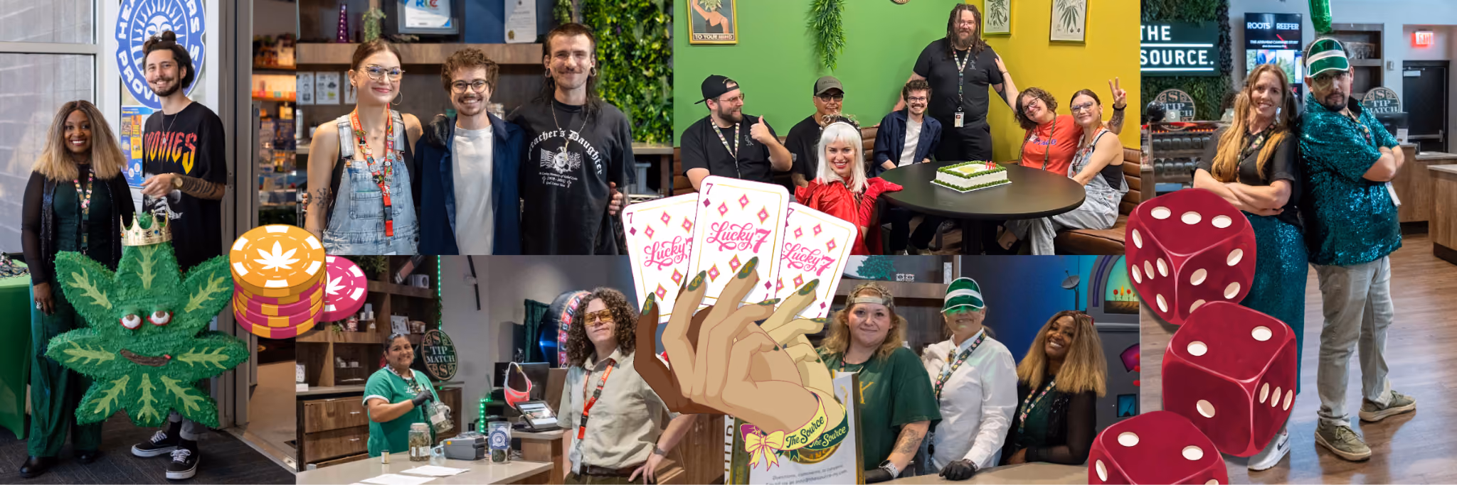 The Source staff celebrate their Lucky 7 Anniversary with team photos, a cannabis-shaped cake, and a hand of 'Lucky 7' playing cards.
