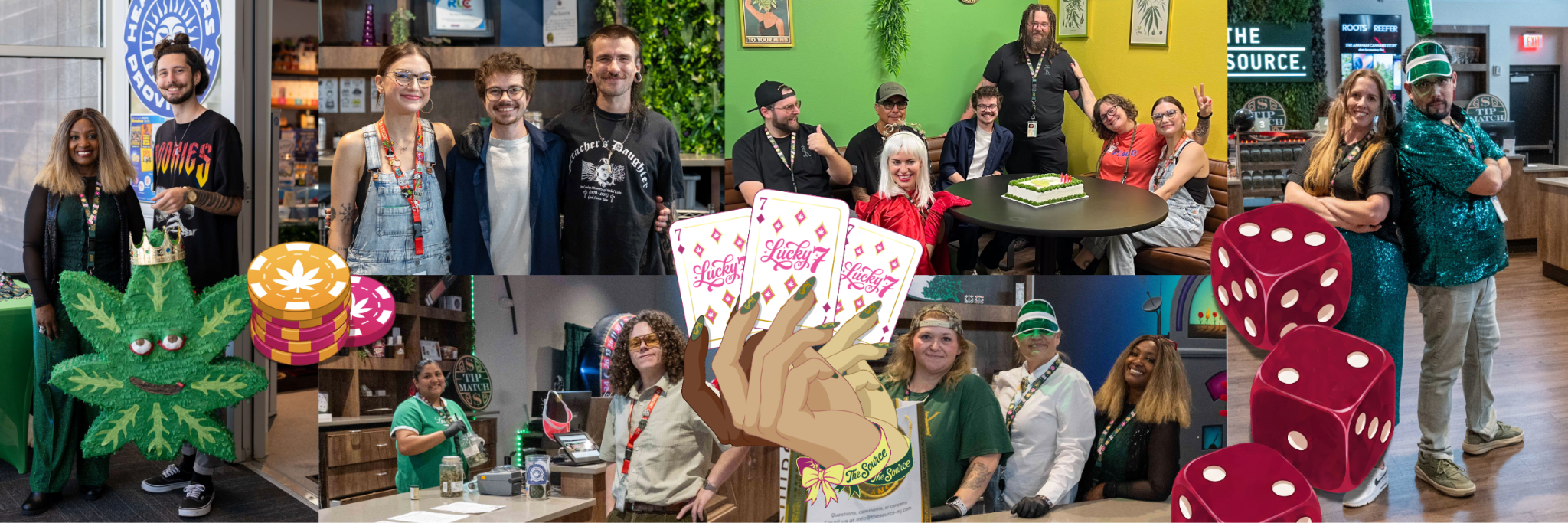 The Source staff celebrate their Lucky 7 Anniversary with team photos, a cannabis-shaped cake, and a hand of 'Lucky 7' playing cards.