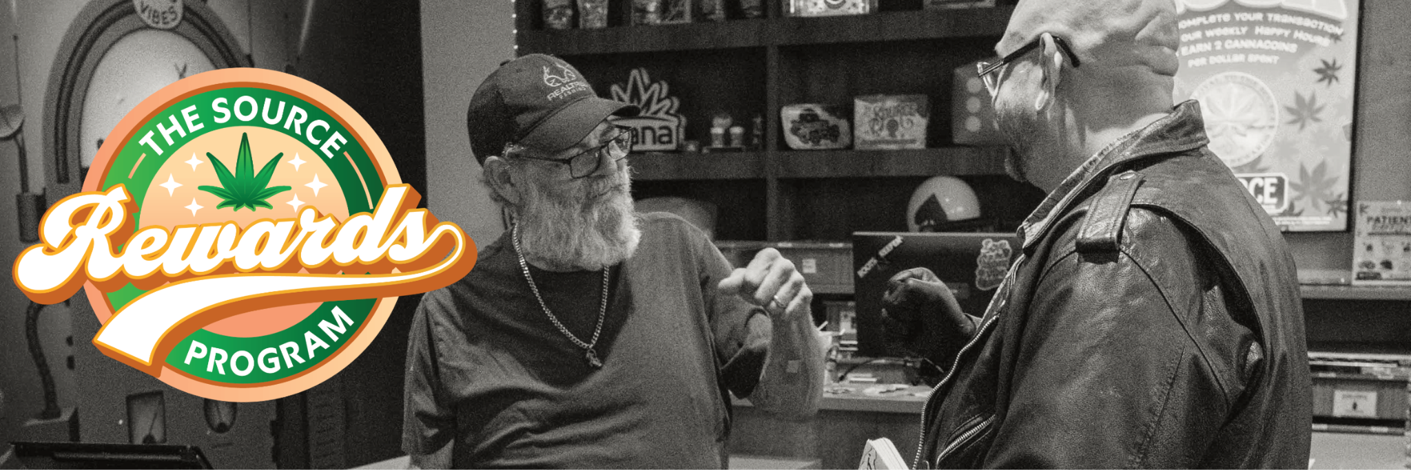 The Source Rewards Program logo beside a budtender & patient fist-bumping at the counter, with a weekly happy hour sign in the background.