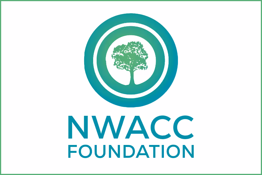 Northwest Arkansas Community College Foundation logo featuring a green tree silhouette inside a teal gradient circle, with 'NWACC Foundation' in teal text below.