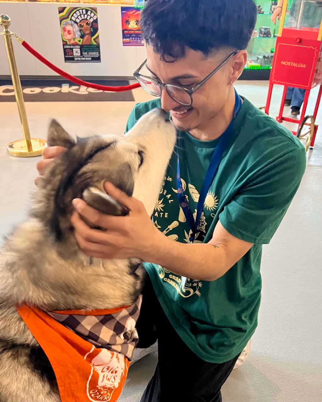 Tip Match with Big Paws of the Ozarks at The Source Dispensary & Apothecary: a budtender in a green Source shirt affectionately petting a husky wearing an orange bandana printed with 'Big Paws Ozarks,' inside Headwaters Provisions.