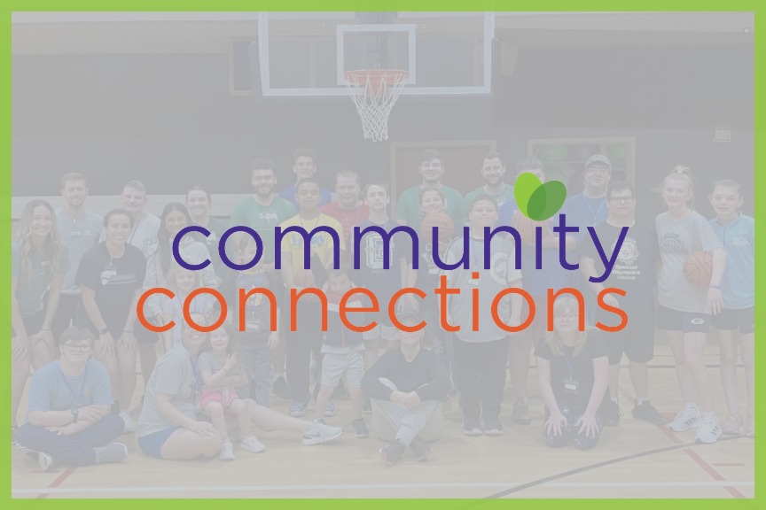 Community Connections logo overlaid on a faded group photo of Champs Basketball participants and coaches posing together under a basketball hoop in a gym.