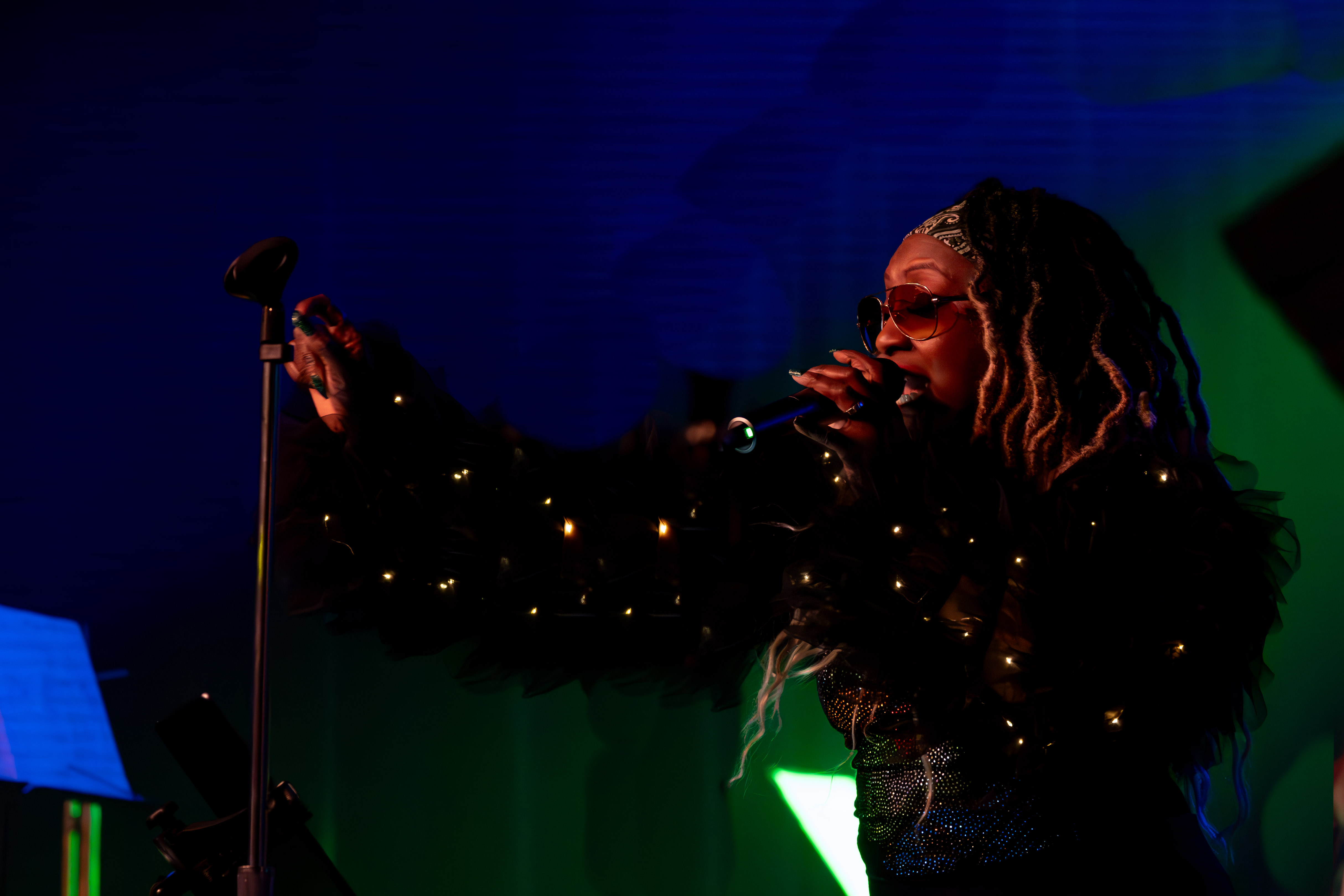 Female reggae singer, Rochelle Bradshaw, performing on stage wearing black feathered outfit and sunglasses, illuminated by dramatic green stage lighting, singing passionately into a microphone with dreadlocks styled hair and bandana.