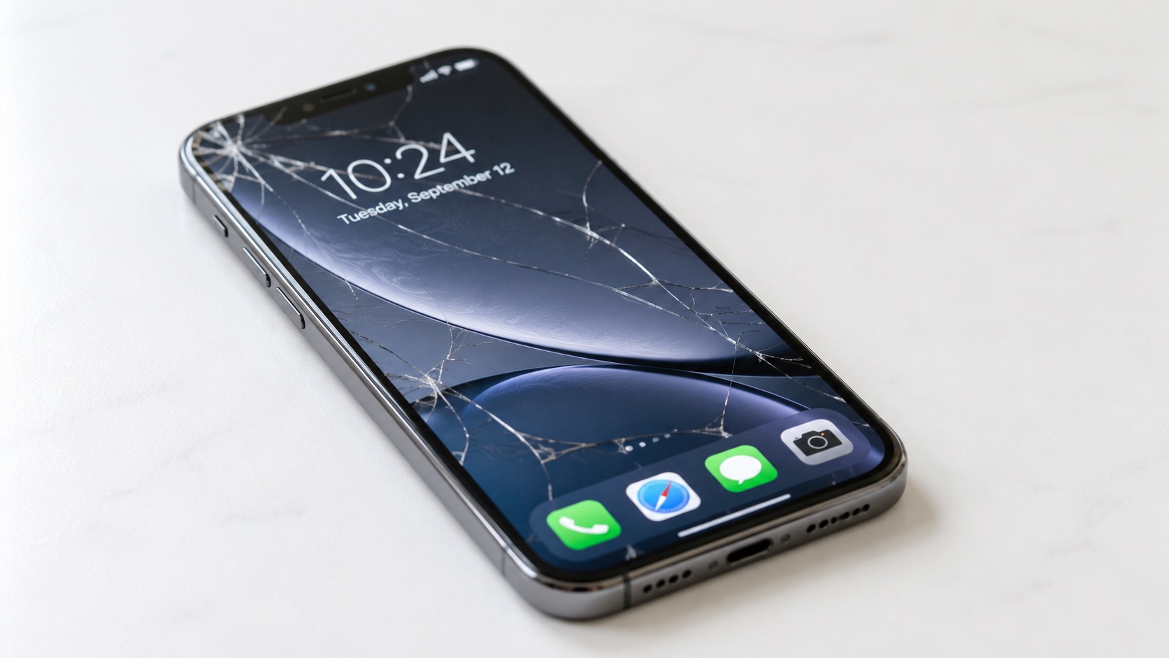 Alt text: Close-up of a smartphone with a cracked screen before repair