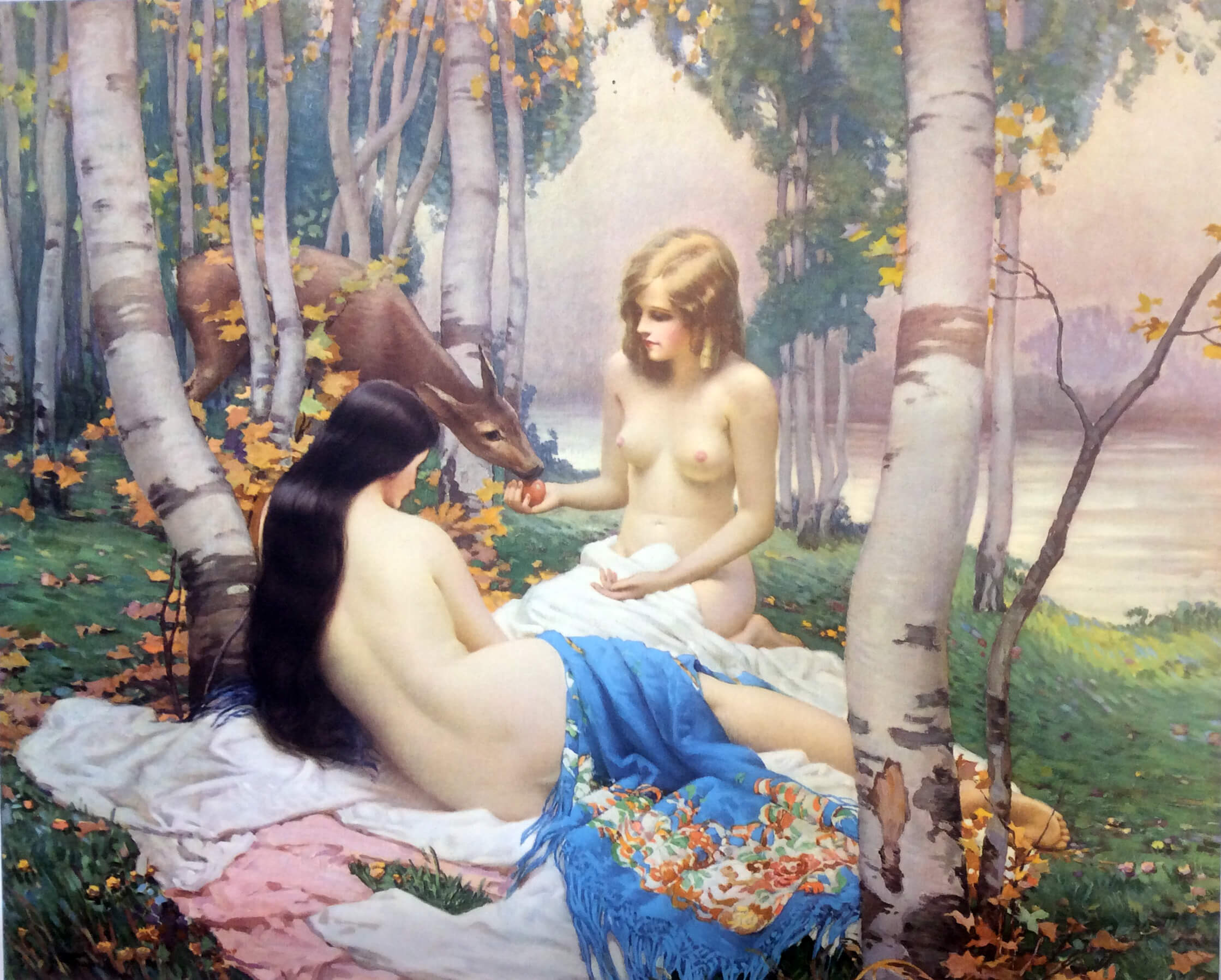 A fine early 20th century Art Deco collotype print, bathers and deer in a woodland.