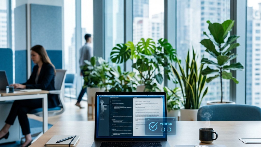 Modern office workspace with a laptop showing a content verification interface