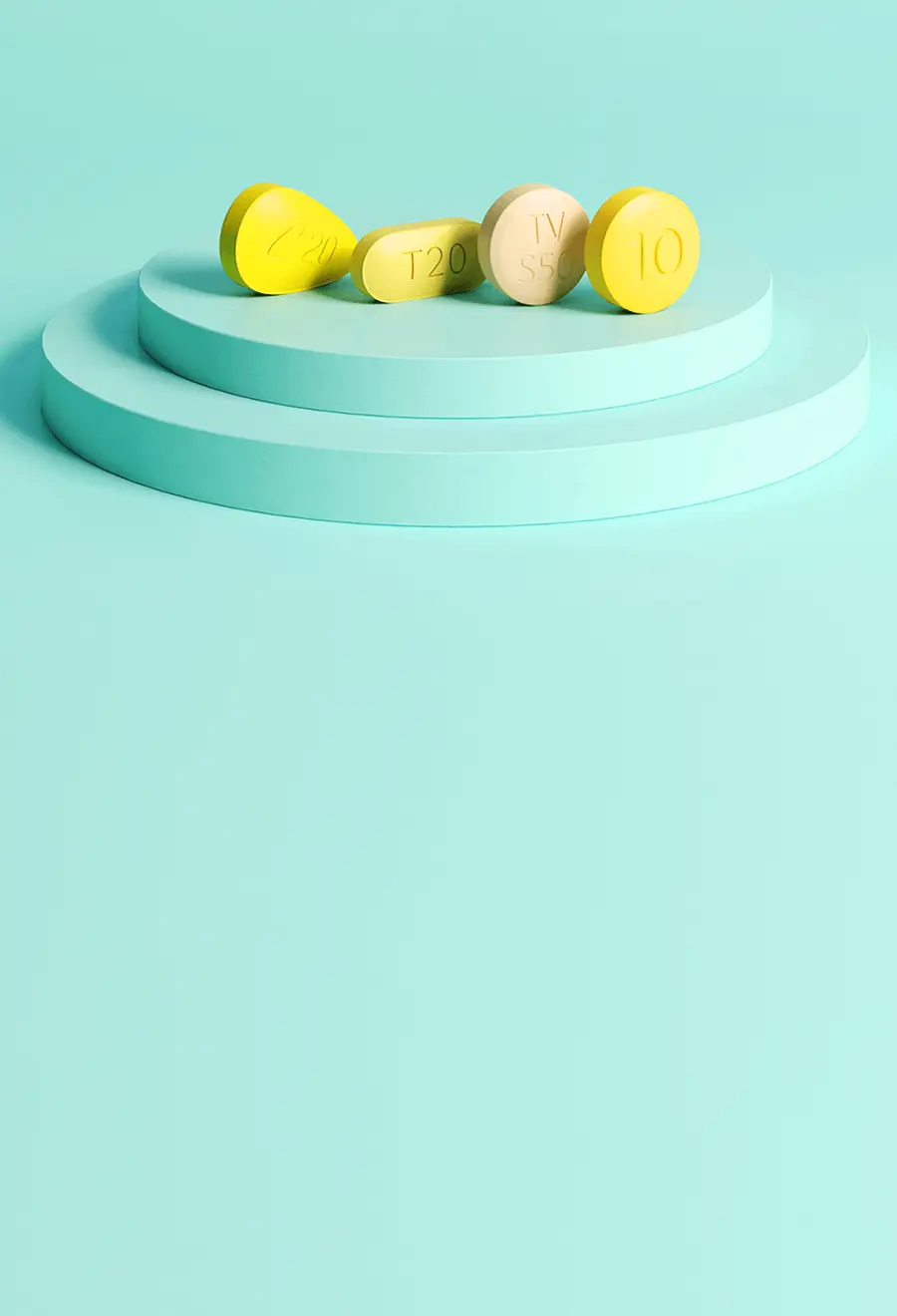 ミントグリーン色の台の上にある4錠の異なる種類の勃起不全薬