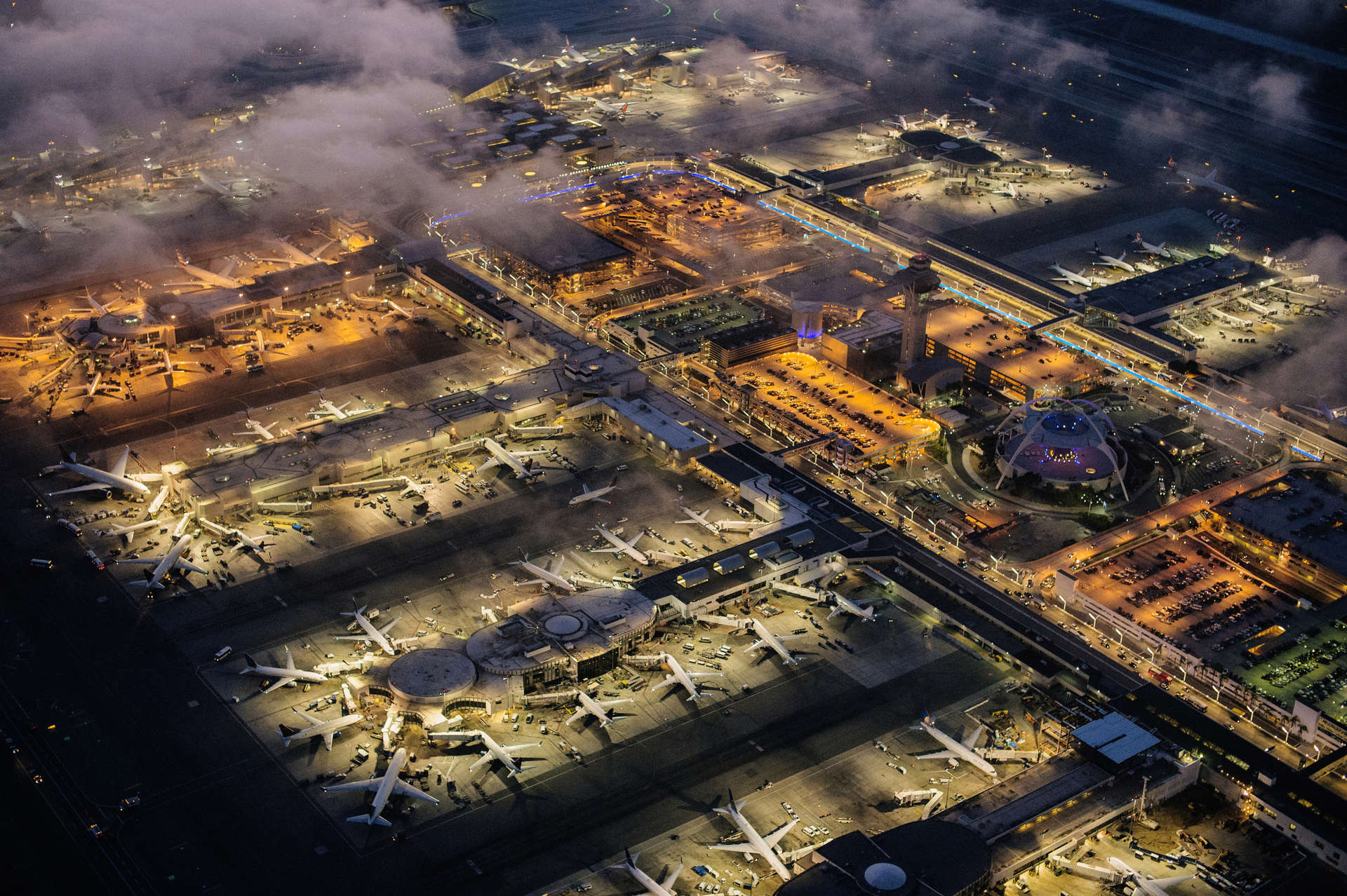 A areal shot of an airport at night.