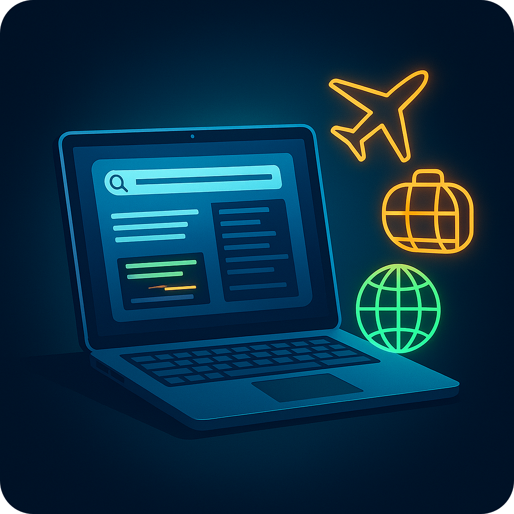 Digital illustration of a laptop showing search engine results with travel icons including an airplane, suitcase, and globe, representing SEO best practices for tour operators.