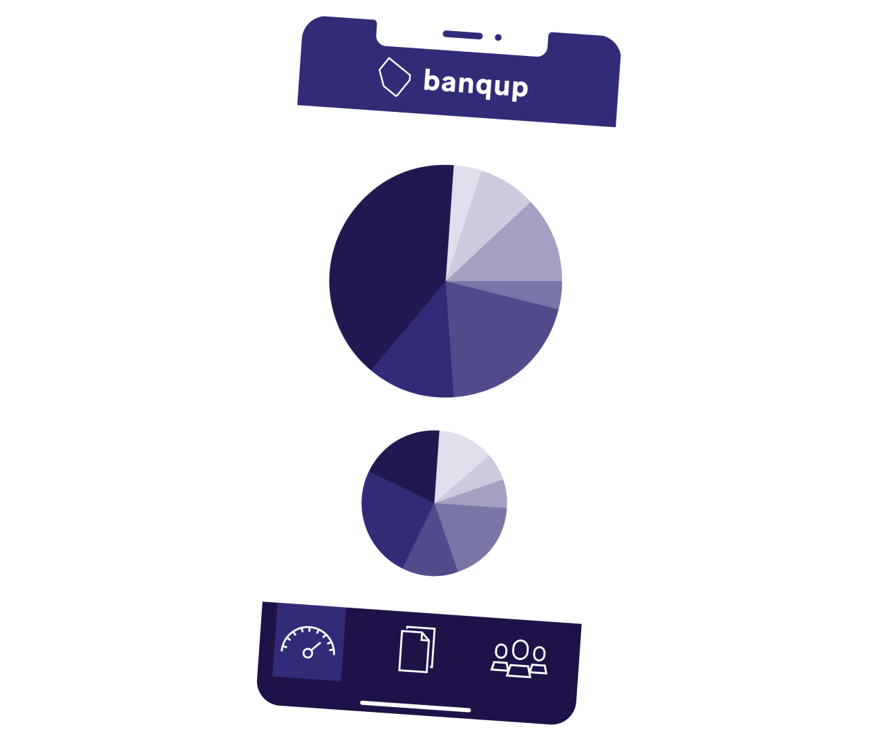 Mockup of a smartphone with circle graphs displayed on it