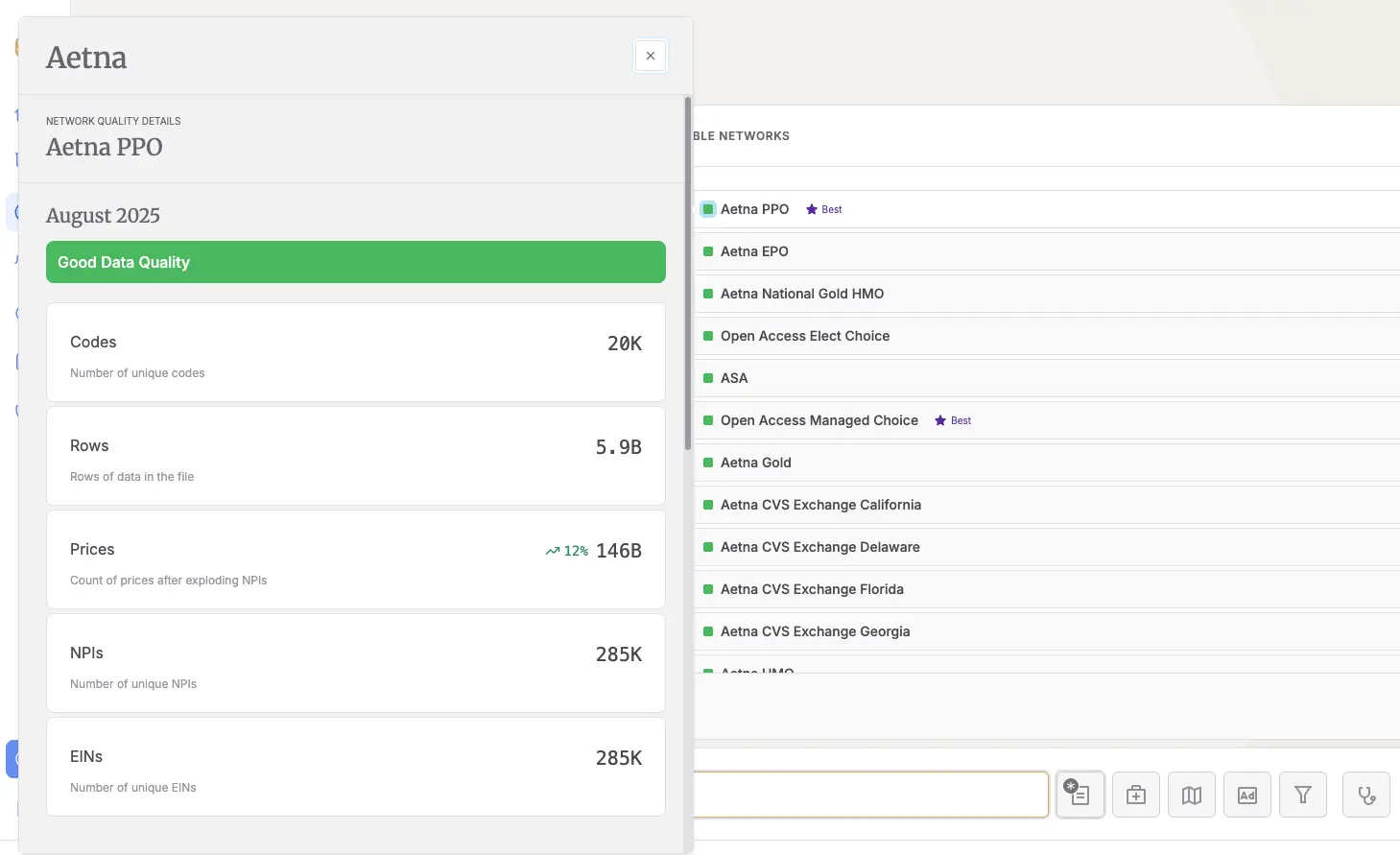 Network Quality Details panel within Signal portal fora given payer