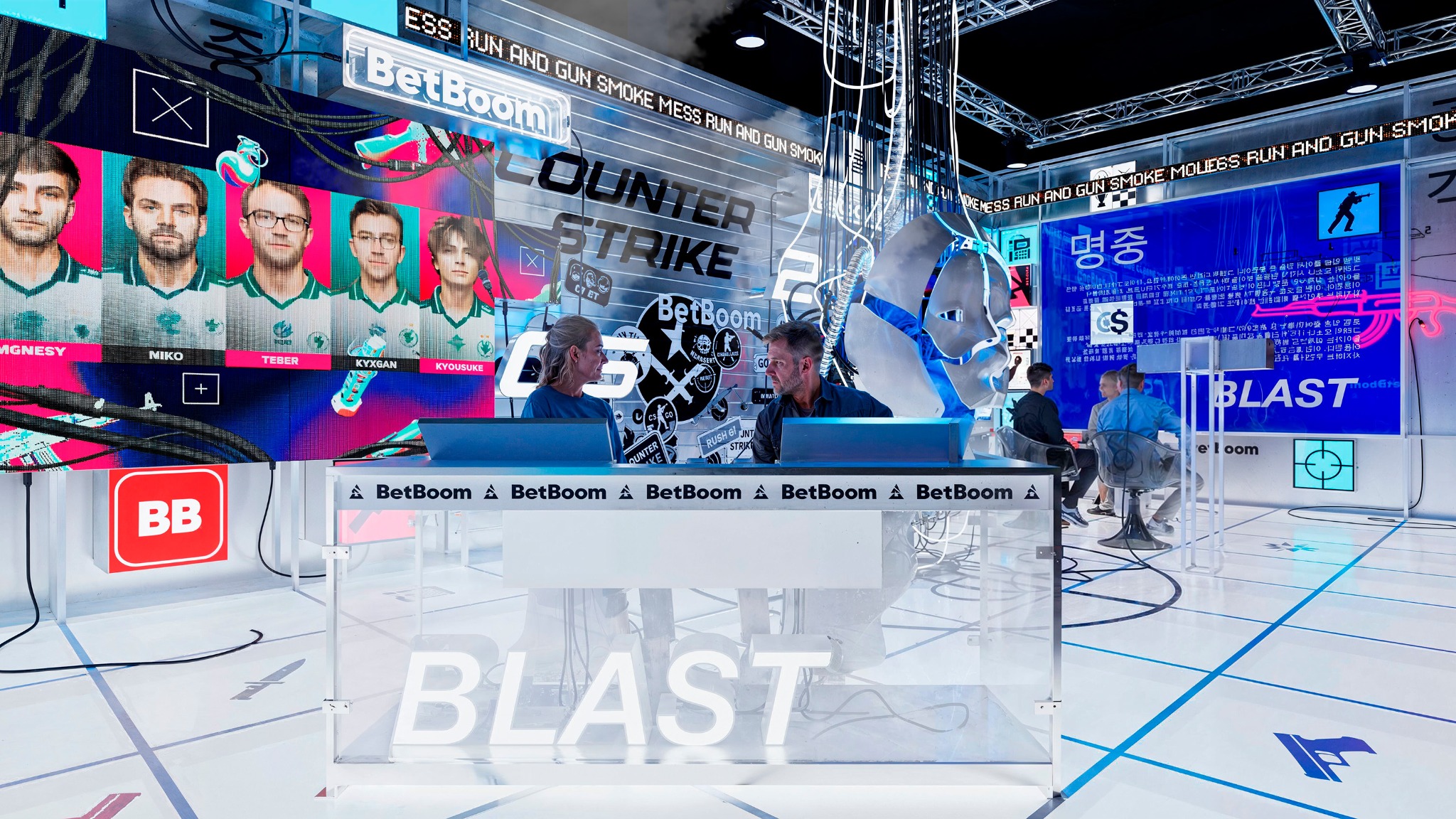 Wide view of the BLAST Studio broadcast desk and immersive LED set