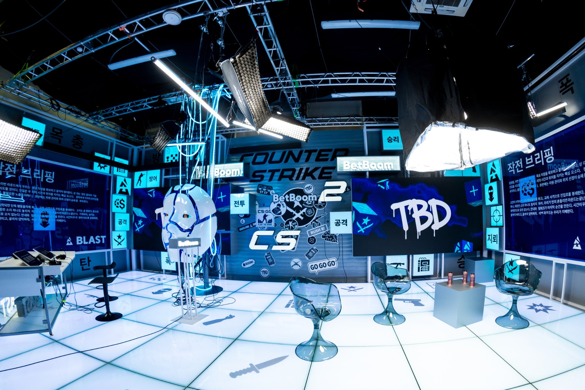 Wide view of the completed BLAST Studio set and lighting rig