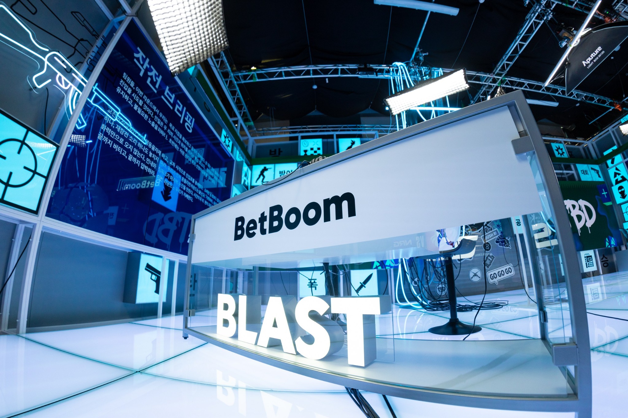 Low-angle view of the BLAST and BetBoom broadcast desk