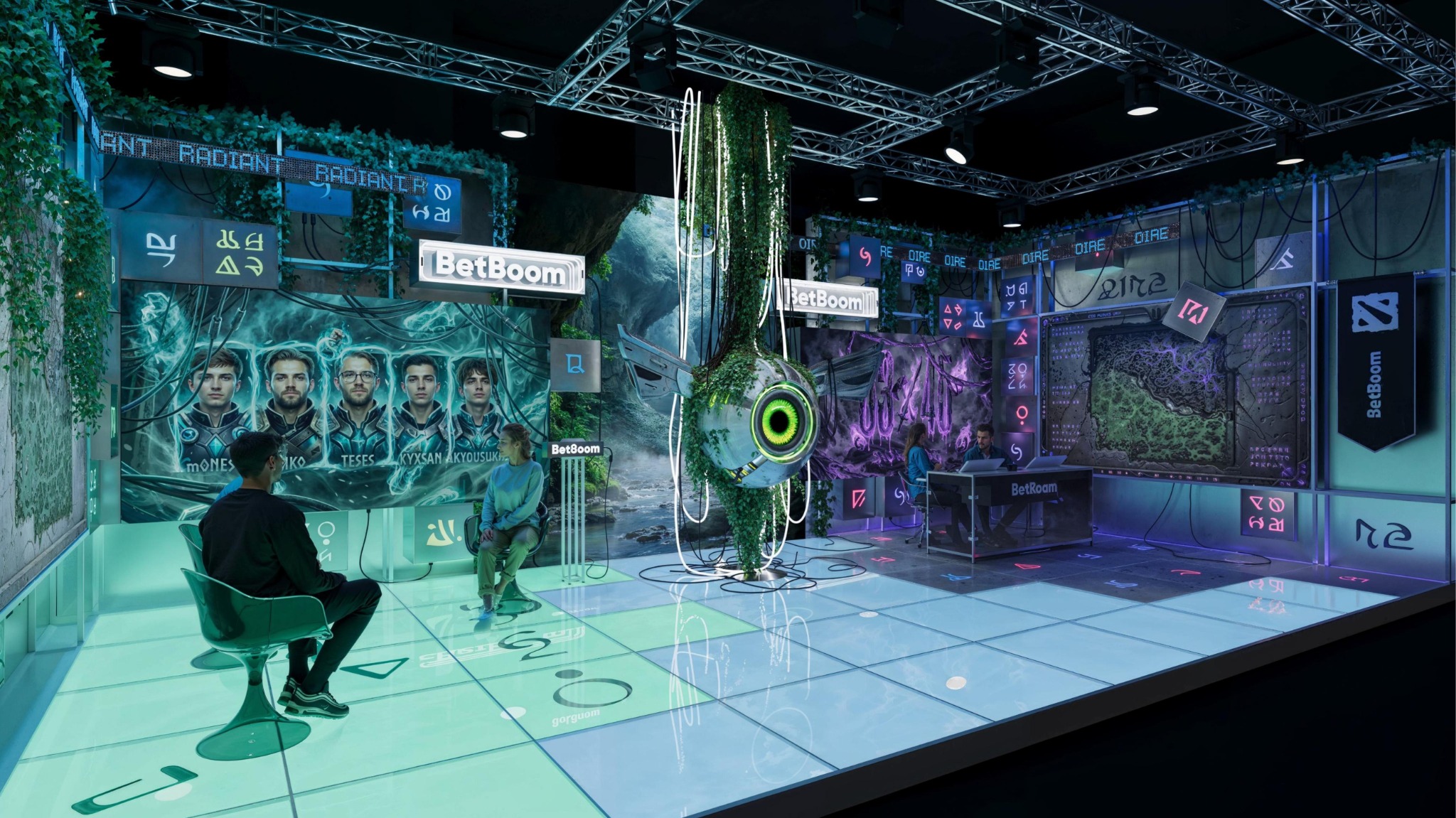 Angled view of the green BetBoom interview area and central sculpture