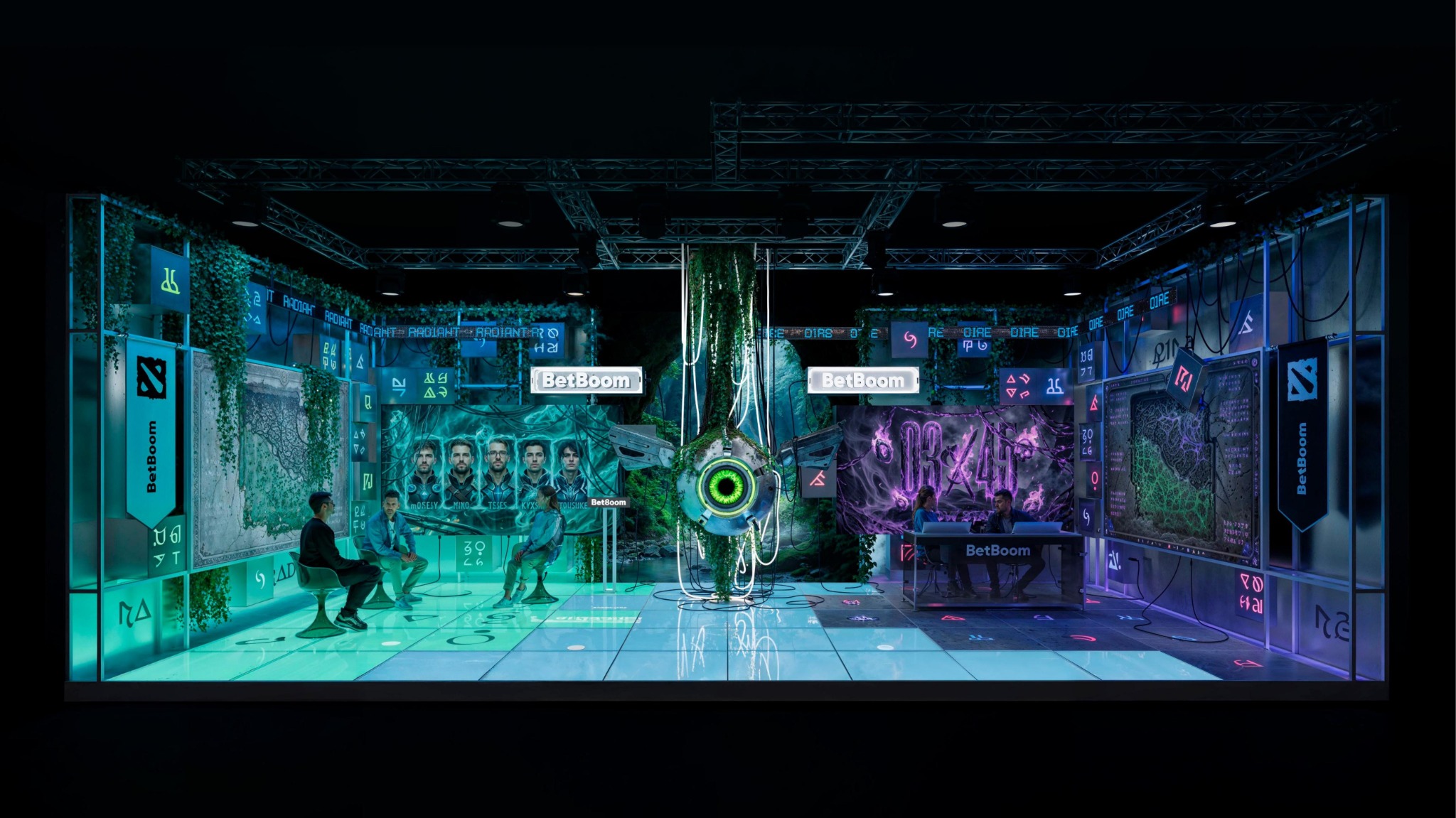 Wide establishing render of the green and purple BetBoom broadcast studio