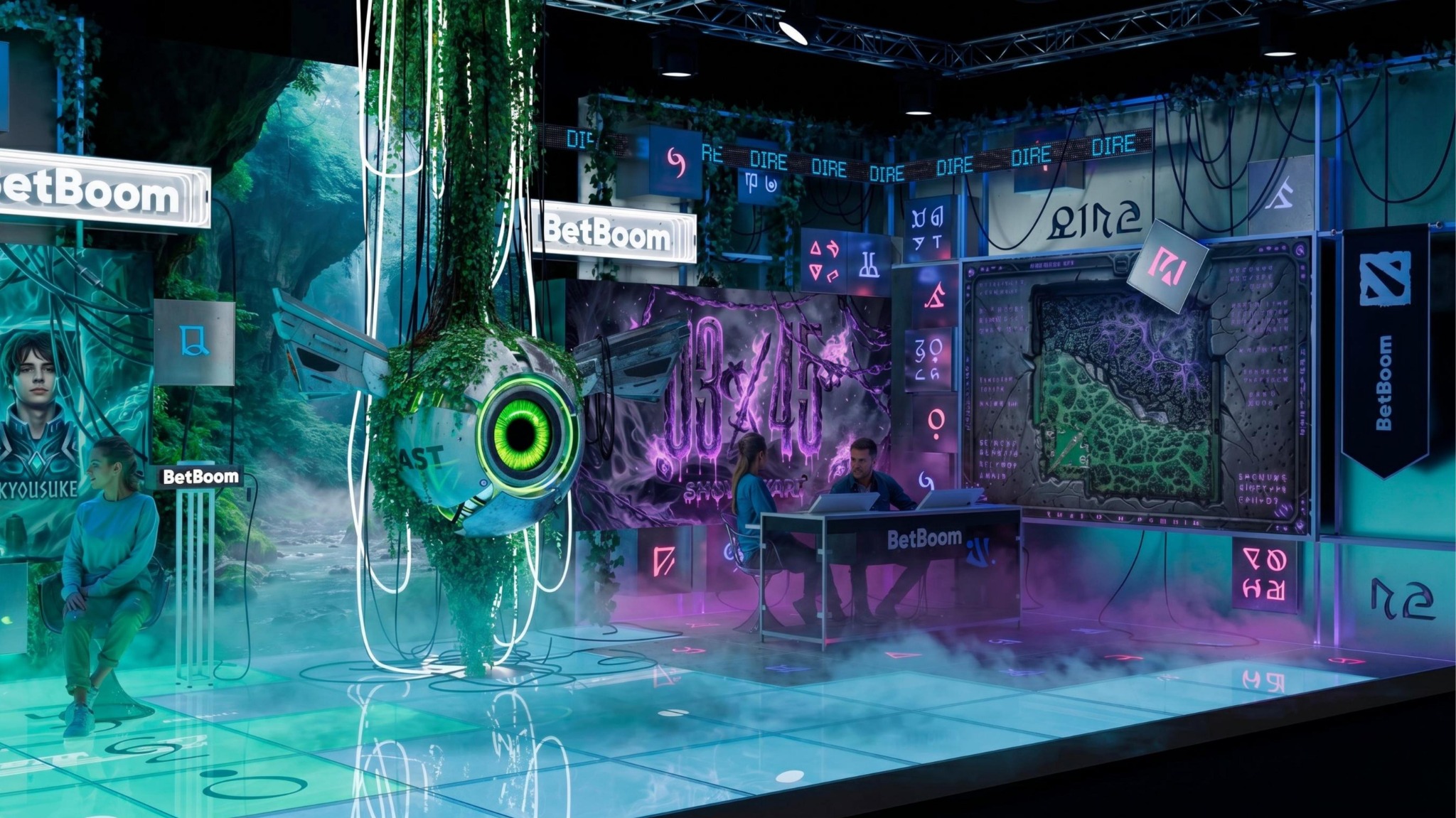 Right-side render of the central sculpture and purple broadcast desk
