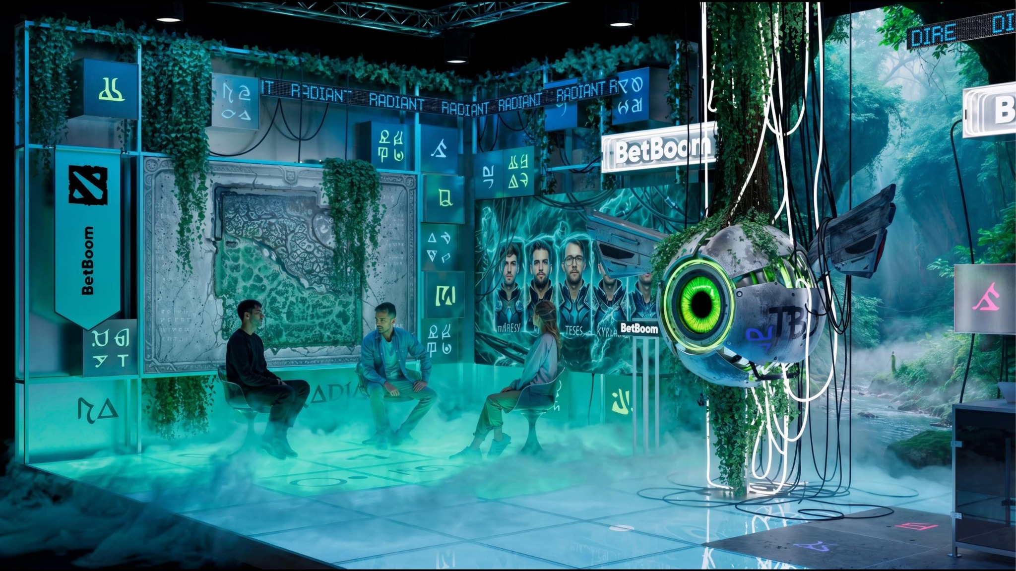 Close view of the green interview set and suspended central sculpture
