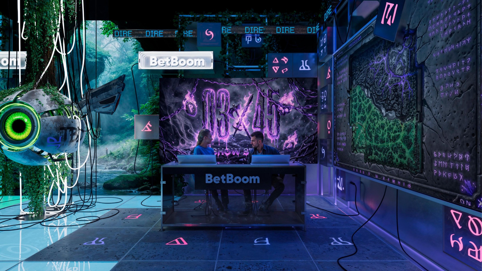 Close view of the purple BetBoom broadcast desk