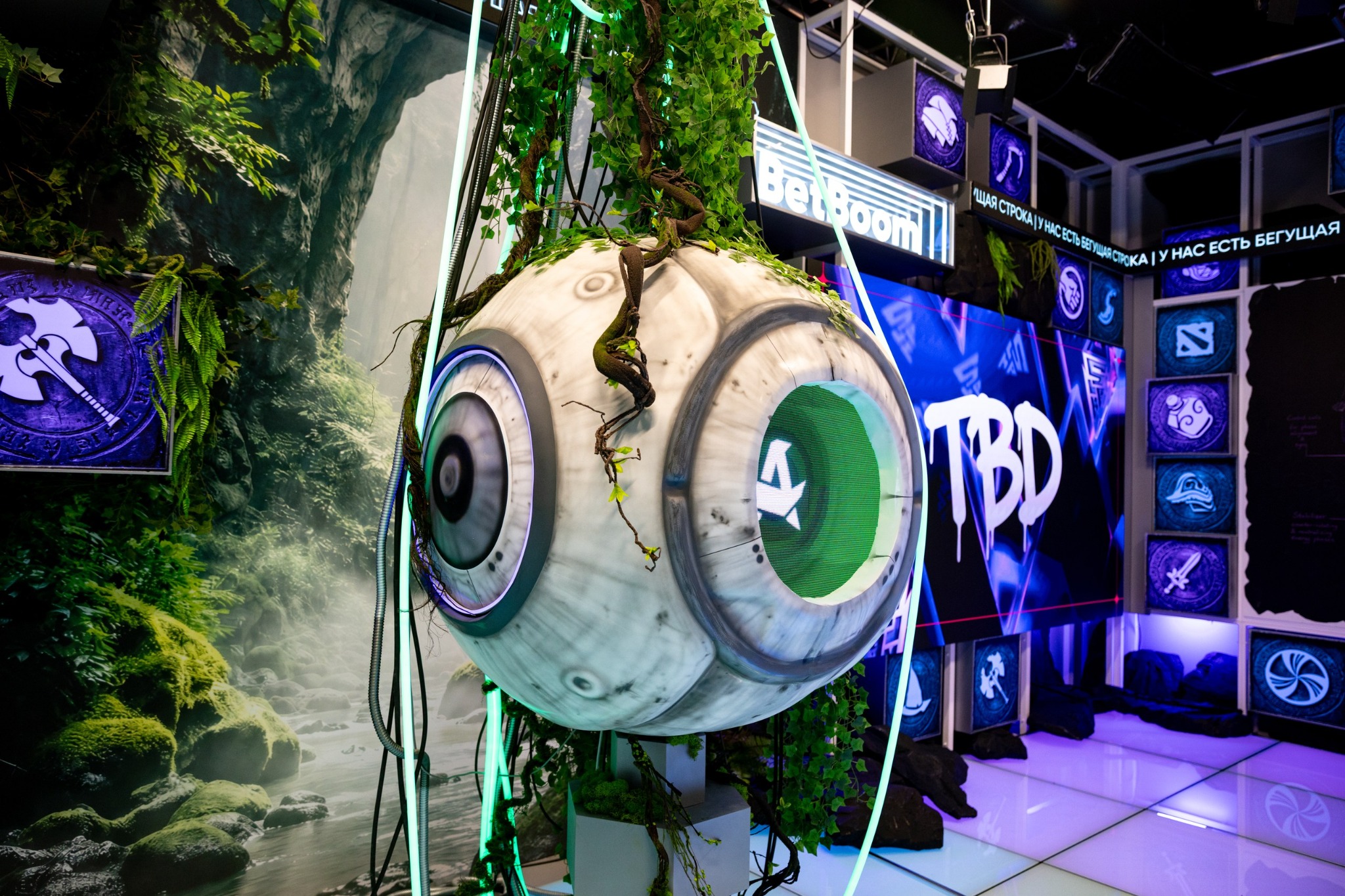 Close-up of the central eye sculpture inside BLAST Studio